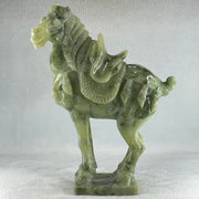Natural Green Serpentine Victory Horse with Wooden Stand Display 2,539.2g 187.0 by 273.0 by 110.0mm - Huangs Jadeite and Jewelry Pte Ltd