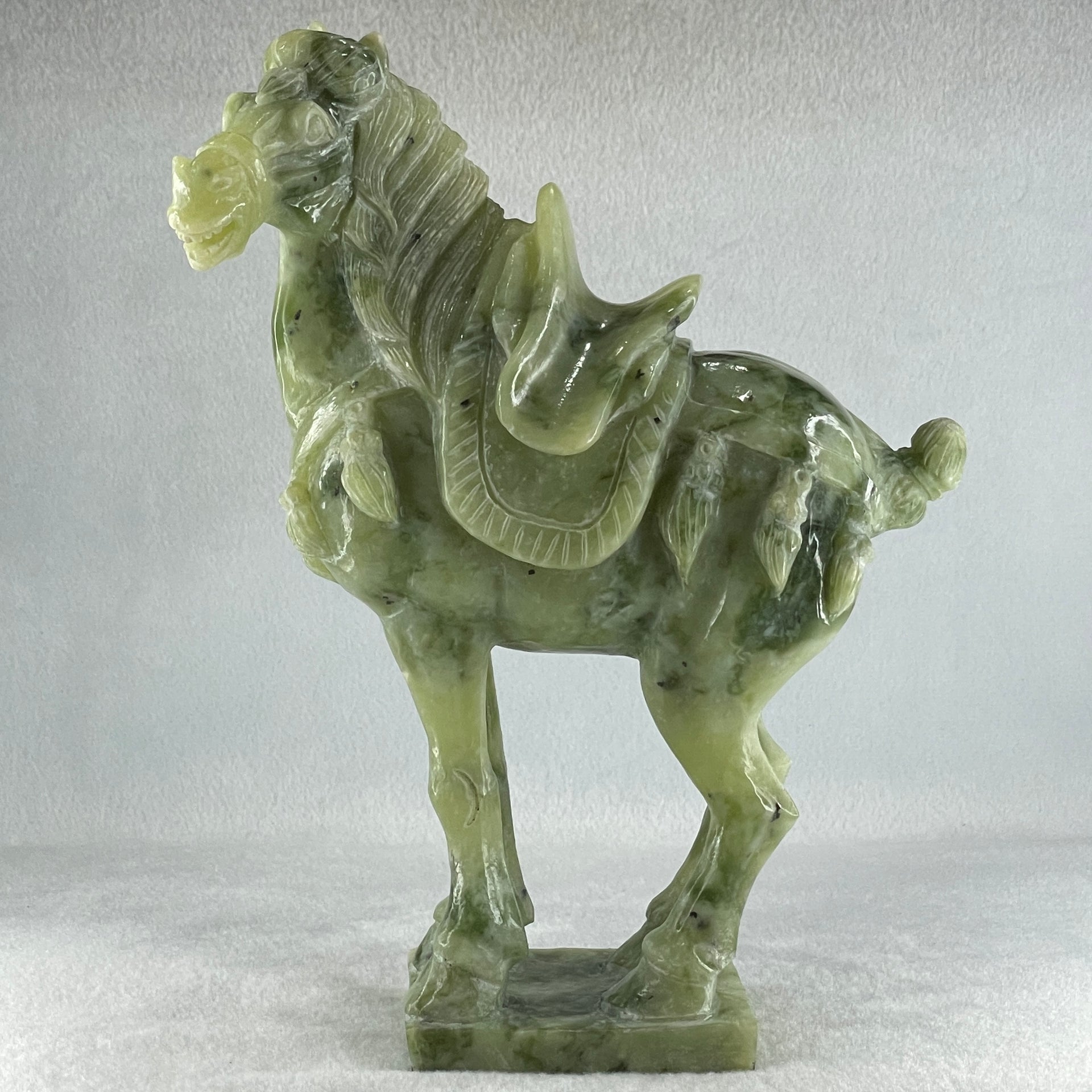 Natural Green Serpentine Victory Horse with Wooden Stand Display 2,539.2g 187.0 by 273.0 by 110.0mm - Huangs Jadeite and Jewelry Pte Ltd