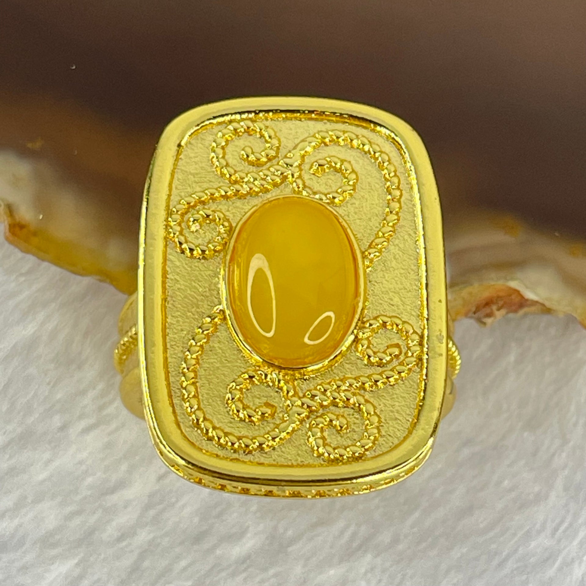 Natural Butterscotch Amber in  Sliver Gold Color Ring (Adjustable Size) 7.55g 10.0 by 6.6 by 3.0mm - Huangs Jadeite and Jewelry Pte Ltd