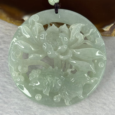 Type A Green Jadeite Lotus Flower and Gold Fish Pendent 青色翡翠花开富贵年年有鱼牌 38.62g 53.5 by 10.0mm - Huangs Jadeite and Jewelry Pte Ltd