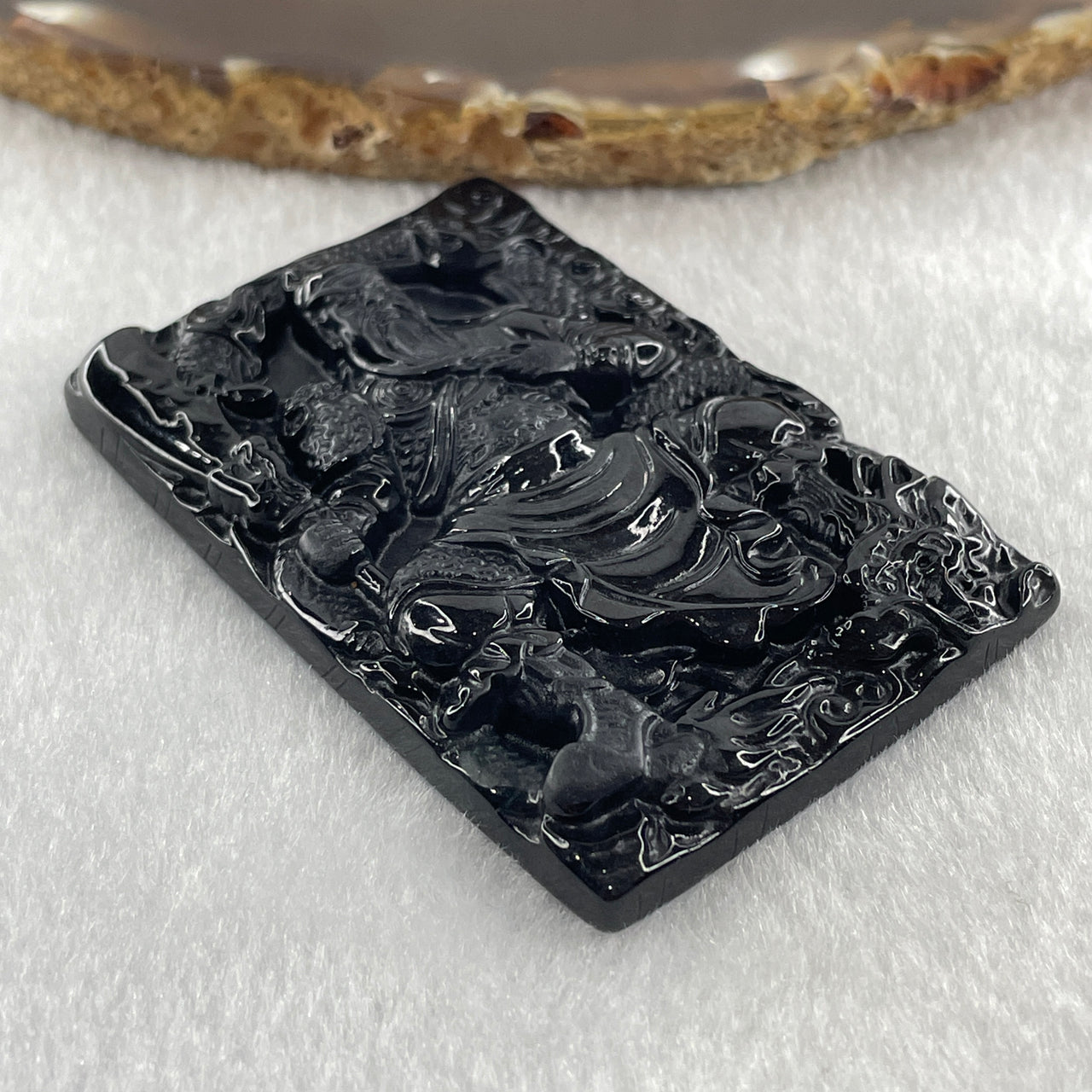 Type A Opaque to Partial Translucent Black Omphacite Jadeite Guan Gong with Dragon Pendant 33.76g 61.3 by 41.6 by 7.2mm - Huangs Jadeite and Jewelry Pte Ltd