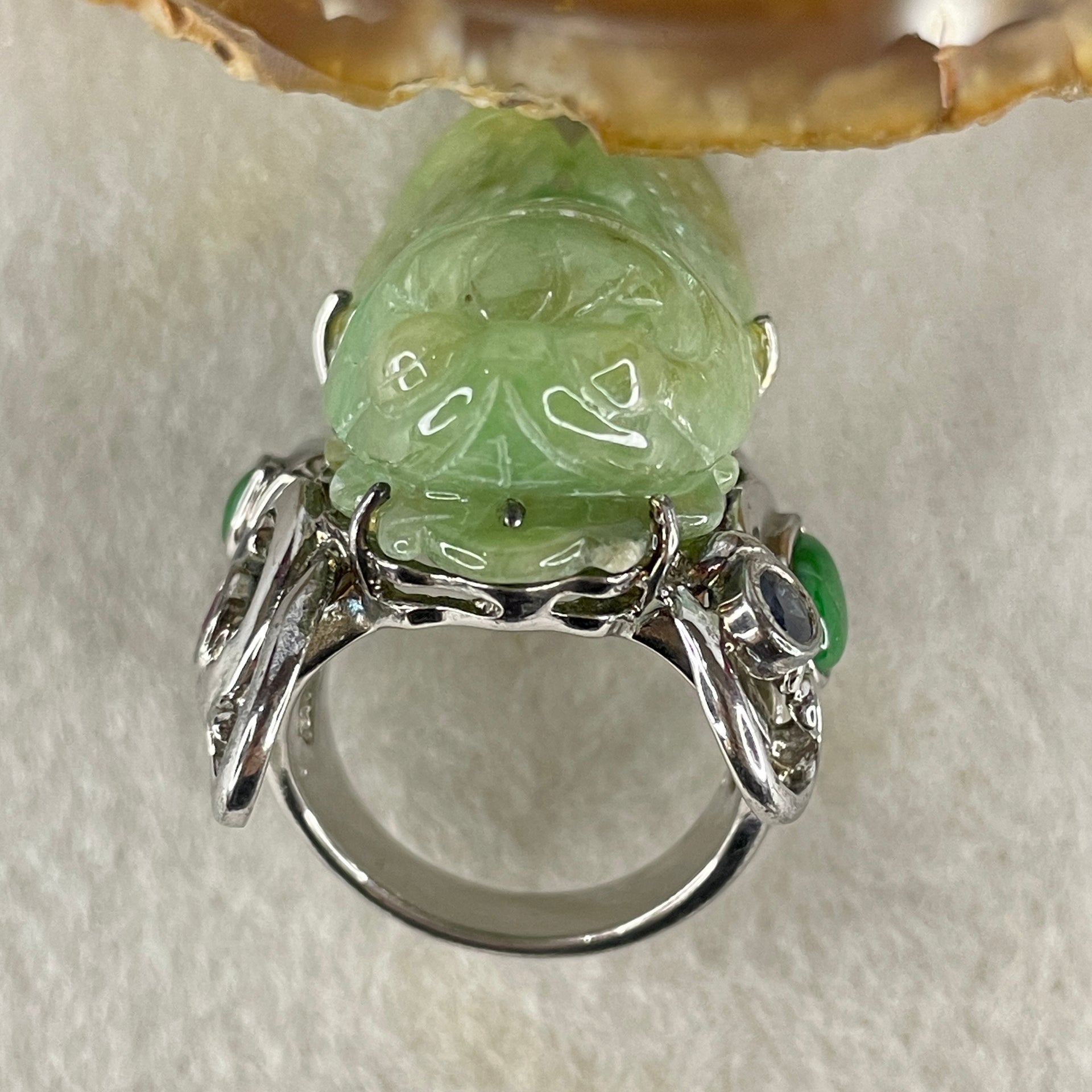 Antique Natural Type A Light Green with Brownish Piaohua Jadeite Insect with S925 Sliver and Gem Stones Ring 23.79g 33.4 by 11.6 by 13.0mm US 8.7 HK 19.5 - Huangs Jadeite and Jewelry Pte Ltd