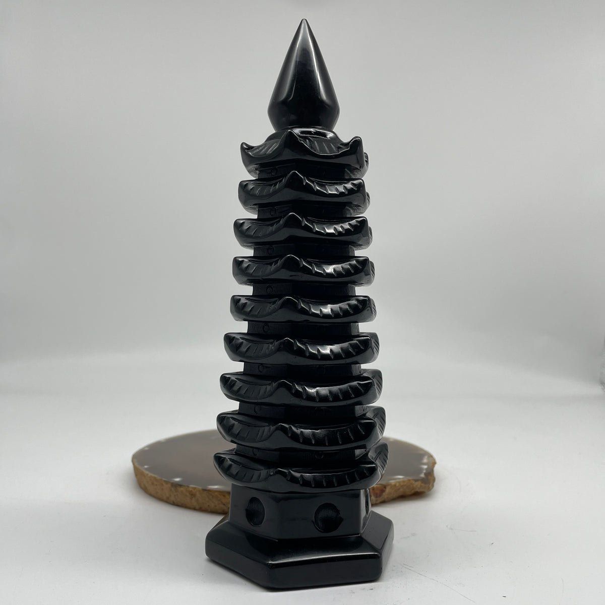 Natural Black Obsidian Pagoda Display | (827.0g | 74.5 x 66.5 x 210.0mm | Catalyst, "Wen Chang" Academic Excellence & Career Promotion Anchor, Traditional Spatial Shielding Specimen)