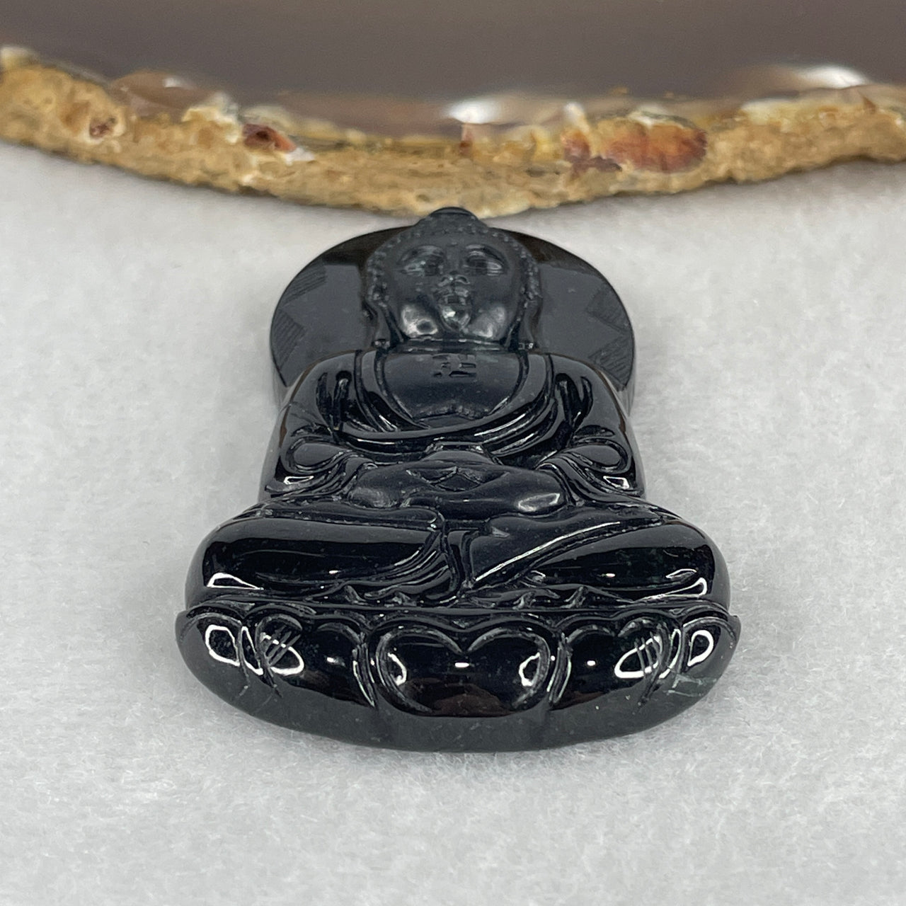 Wisdom, Peace and Good Fortune - Certified Natural Type A Black Omphacite Jadeite Buddha Pendant 34.28g 60.3 by 39.1 by 9.4mm