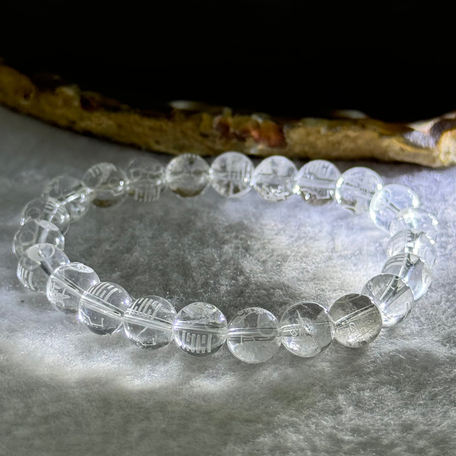 Natural Clear Quartz Beads with Inscription Bracelet 17.87g 15cm 8.4mm 23 Beads - Huangs Jadeite and Jewelry Pte Ltd