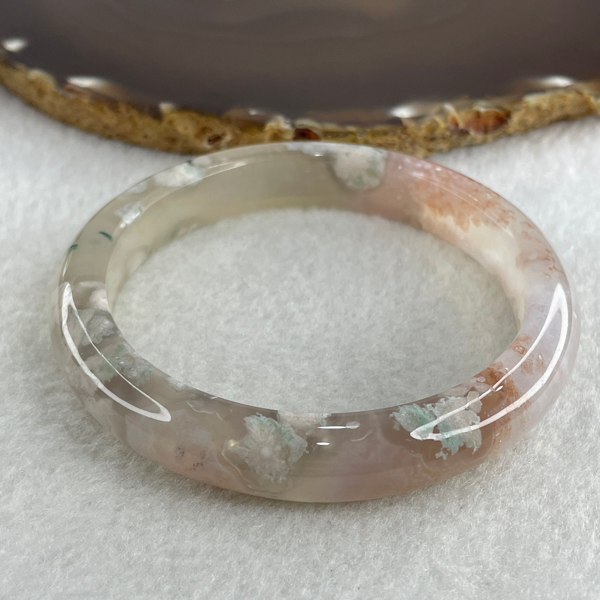 Natural Pinkish with White Flower Agate Bangle 43.81g Internal Diameter 60.5mm 11.3 by 8.8mm (Perfect) - Huangs Jadeite and Jewelry Pte Ltd