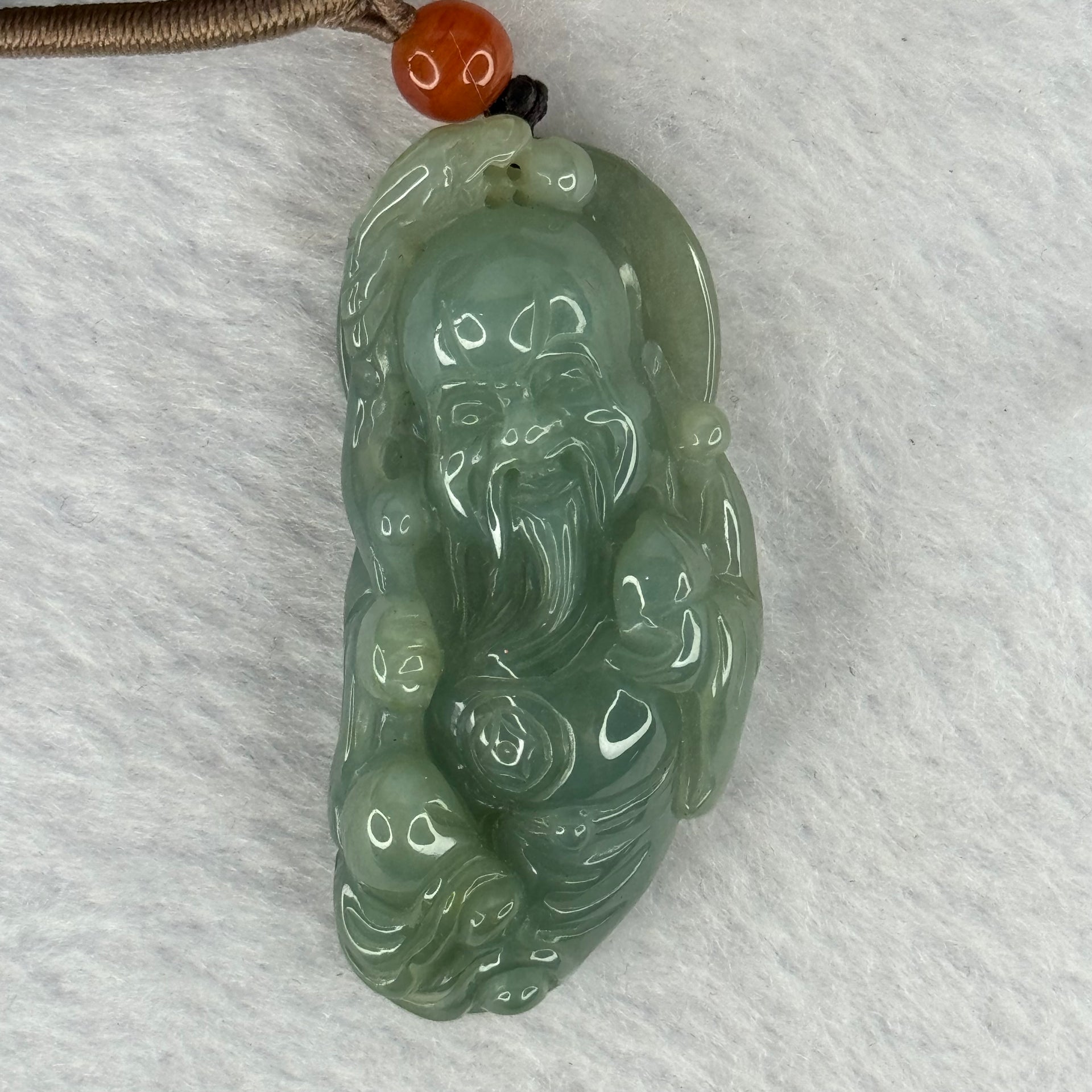 Type A Blueish Green Jadeite Shou Xing Gong Pendant for Longevity and Good Health 蓝水翡翠寿星公牌20.73g 45.3 by 21.7 13.3mm - Huangs Jadeite and Jewelry Pte Ltd