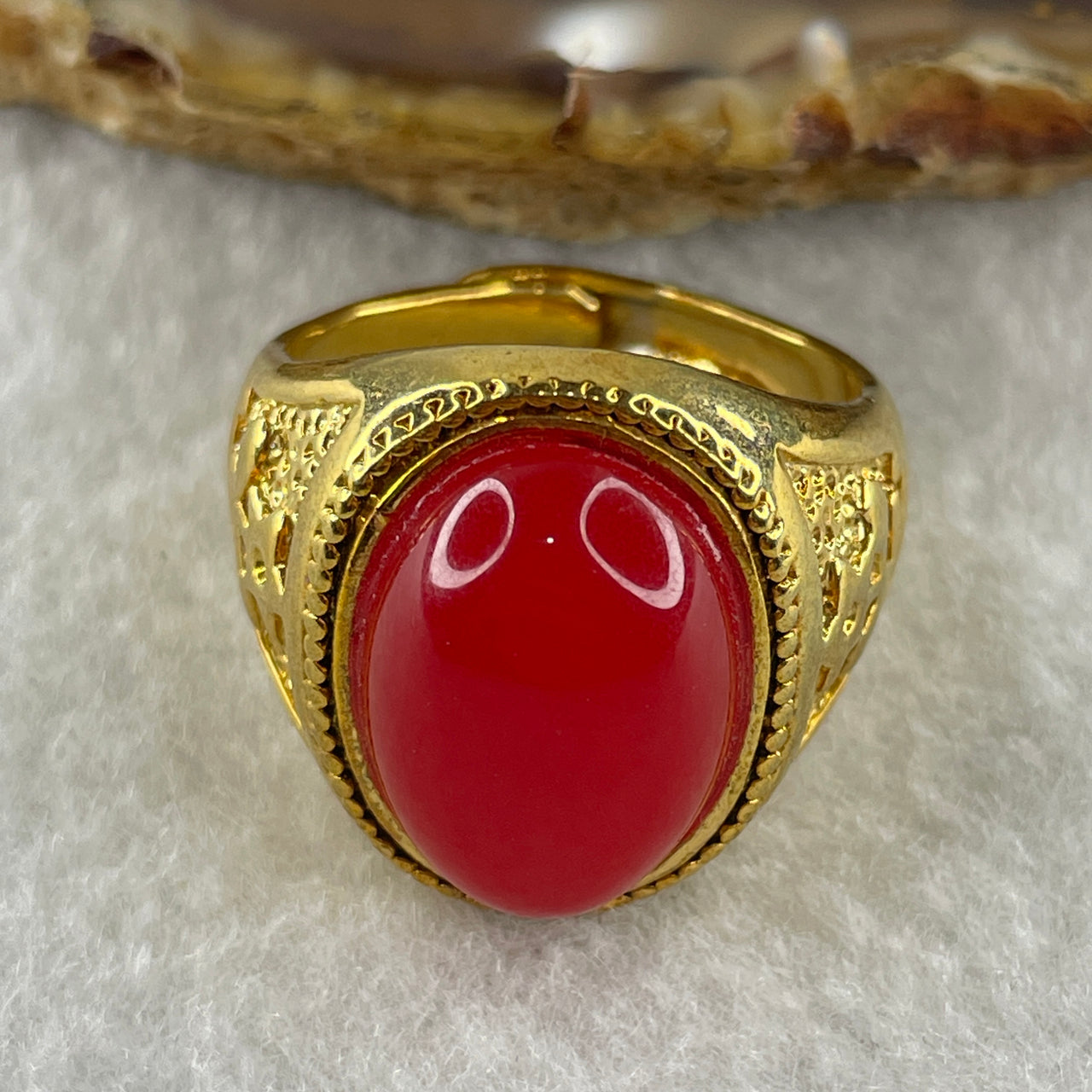 Natural Red Agate in 9999 Gold Plated Ring (Adjustable Size) 12.43g 17.6 by 13.2 by 5.5mm - Huangs Jadeite and Jewelry Pte Ltd