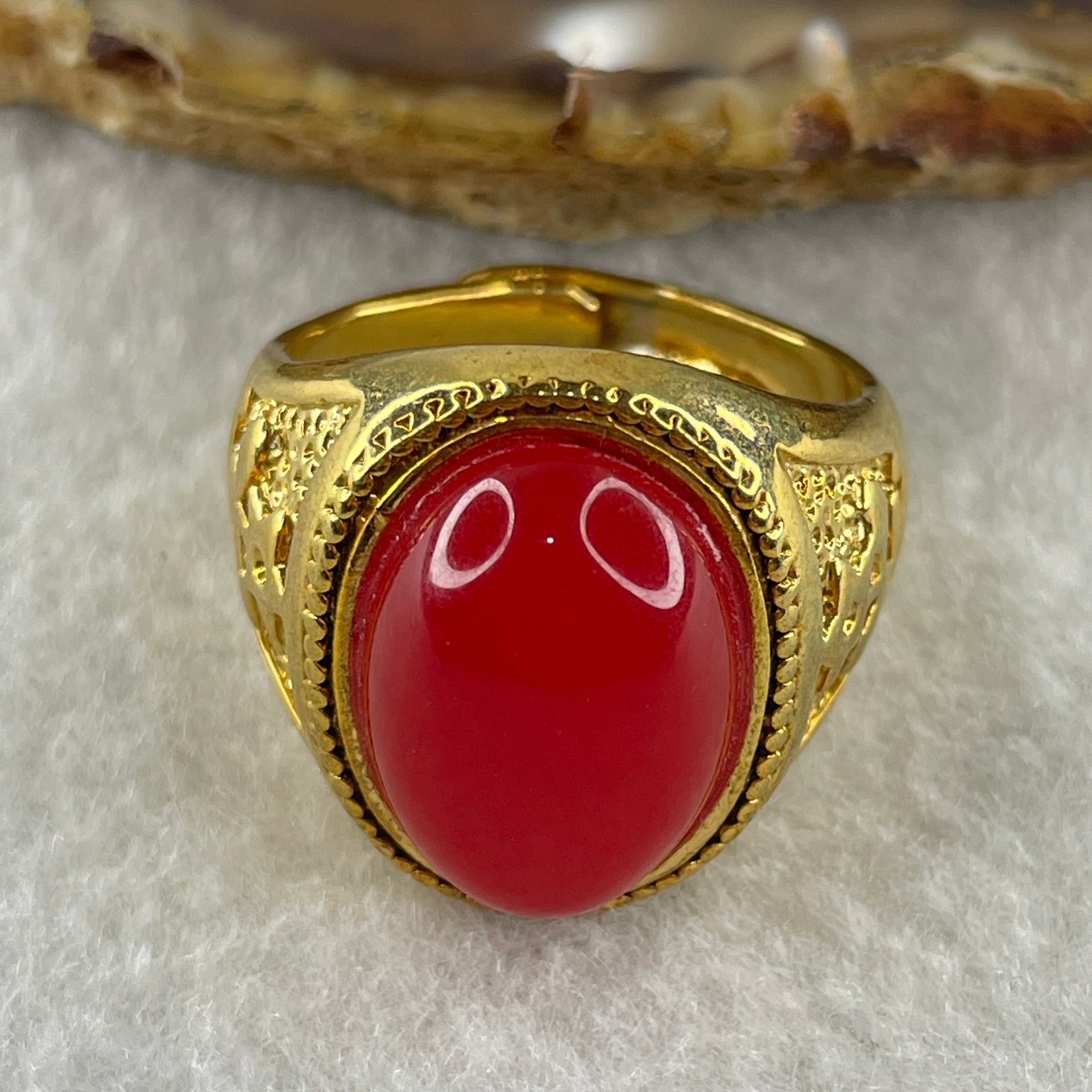 Natural Red Agate in 9999 Gold Plated Ring (Adjustable Size) 12.43g 17.6 by 13.2 by 5.5mm - Huangs Jadeite and Jewelry Pte Ltd