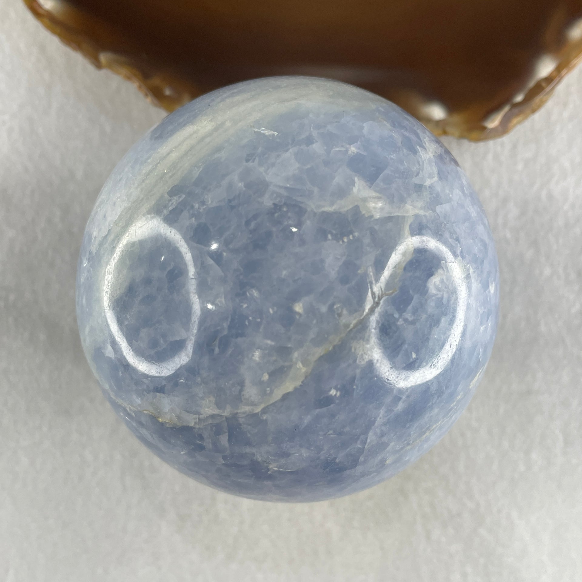 Natural Blue Calcite Ball with Clear Acrylic Display 662.31g 76.5 by 94.5mm - Huangs Jadeite and Jewelry Pte Ltd