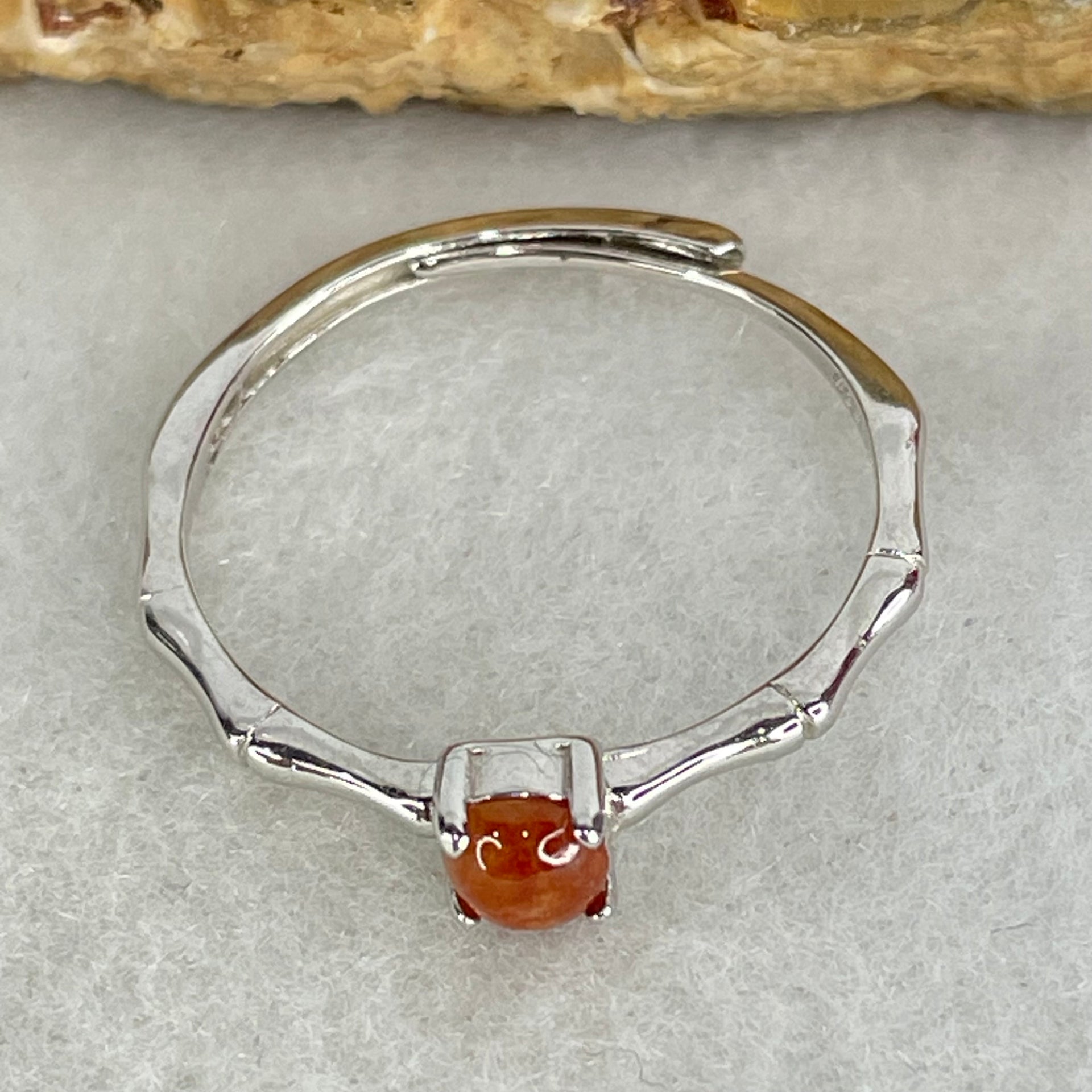 Type A Red Cabochon Jadeite in S925 Sliver Bamboo Ring (Adjustable Size) 1.00g 4.2 by 3.0mm - Huangs Jadeite and Jewelry Pte Ltd