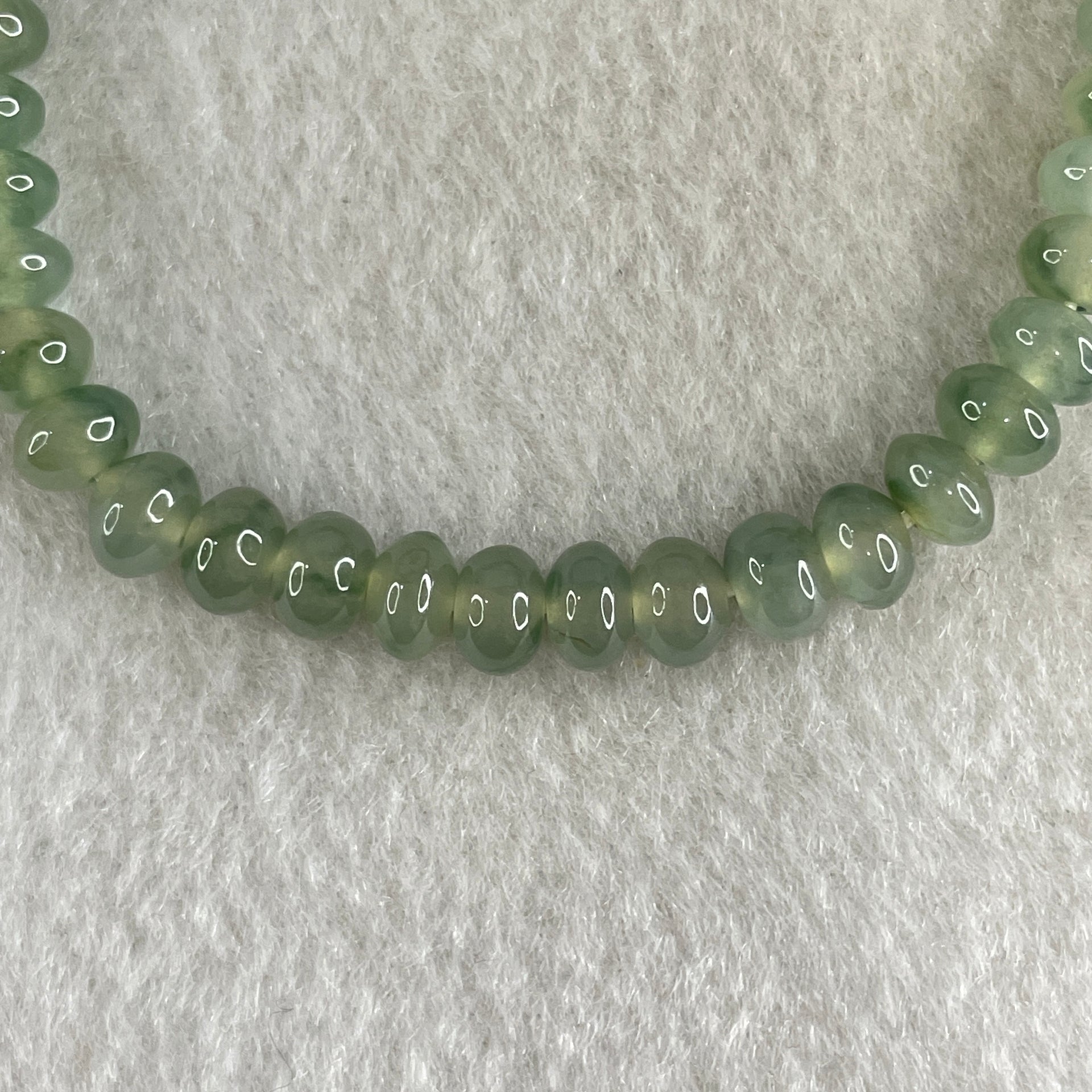 Type A Semi Icy Blueish Green with Green Piao Hua Jadeite Ping An Kou Donut Beads Bracelet 11.40g 14.5cm 6.1mm 42 Beads - Huangs Jadeite and Jewelry Pte Ltd