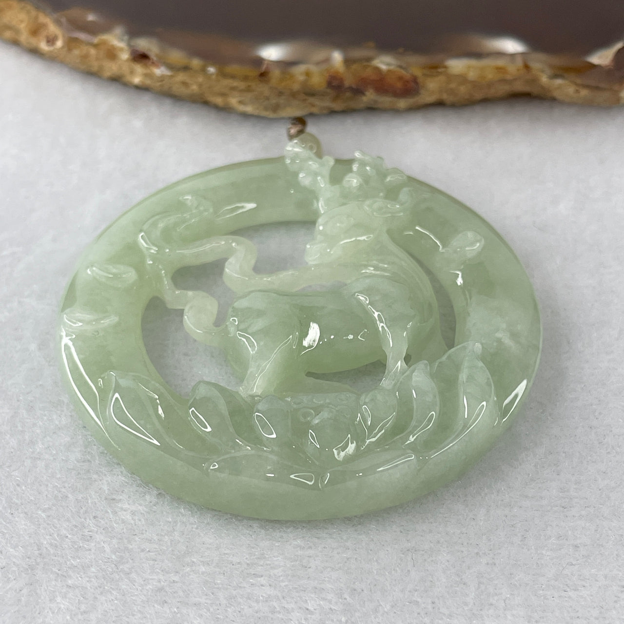 Certified Natural Type A Light Green Jadeite Deer with Lotus Flower Pendant | Masterpiece Deep Three-Dimensional Hand-Carving | Massive Myanmar Feicui Lifelong Longevity, Purity & High Status Amulet (41.63g | 57.0x9.0mm)