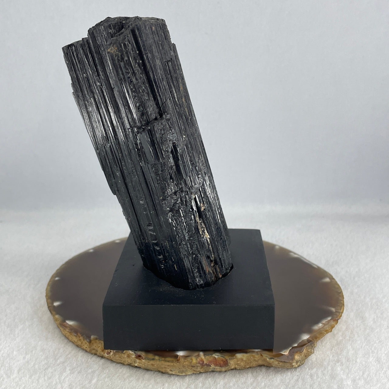 Natural Black Tourmaline Display with Wooden Stand 849.37g 94.6 by 74.8 by 135.0mm - Huangs Jadeite and Jewelry Pte Ltd