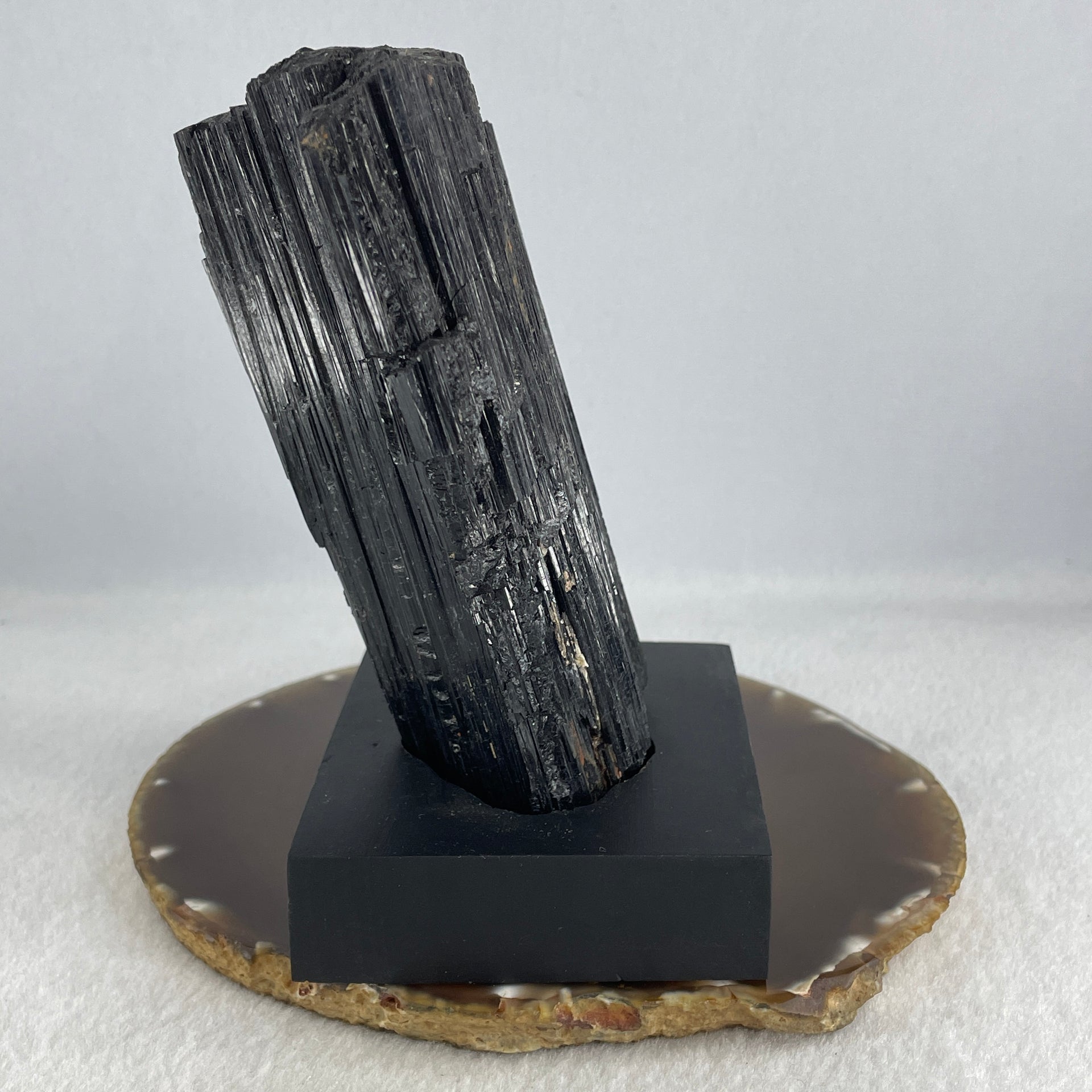 Natural Black Tourmaline Display with Wooden Stand 849.37g 94.6 by 74.8 by 135.0mm - Huangs Jadeite and Jewelry Pte Ltd