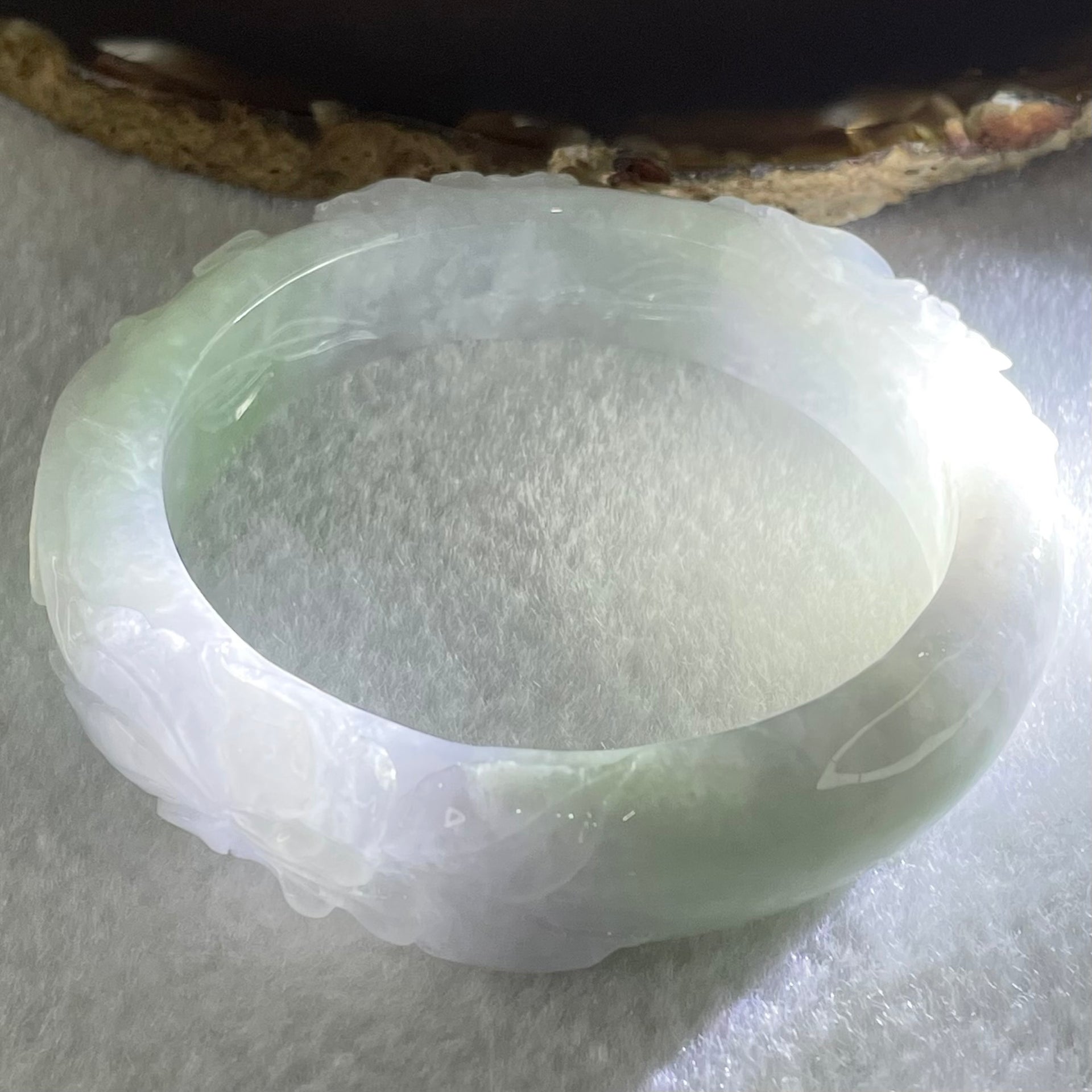 Type A Lavender and Green Jadeite Prosperity Flower Bangle 64.58g Internal Diameter 54.7mm 14.7 by 9.6mm (Internal Lines) - Huangs Jadeite and Jewelry Pte Ltd