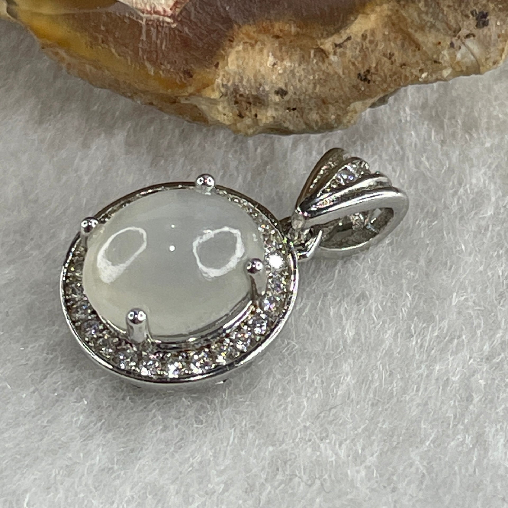 Type A Icy White Jadeite Pendant with Cubic Zirconia in S925 Sliver 1.75g 8.6 by 7.2 by 4.0mm - Huangs Jadeite and Jewelry Pte Ltd