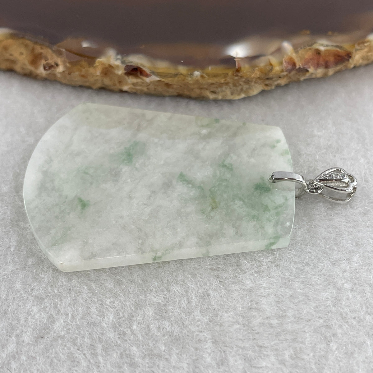 Natural Type A Semi-Icy White & Green Piao Hua Jadeite Wu Shi Pai Pendant in S925 Silver | Peace Plaque Talisman (10.79g | 43.8 x 35.7 x 2.5mm) - Huangs Jadeite and Jewelry Pte Ltd
