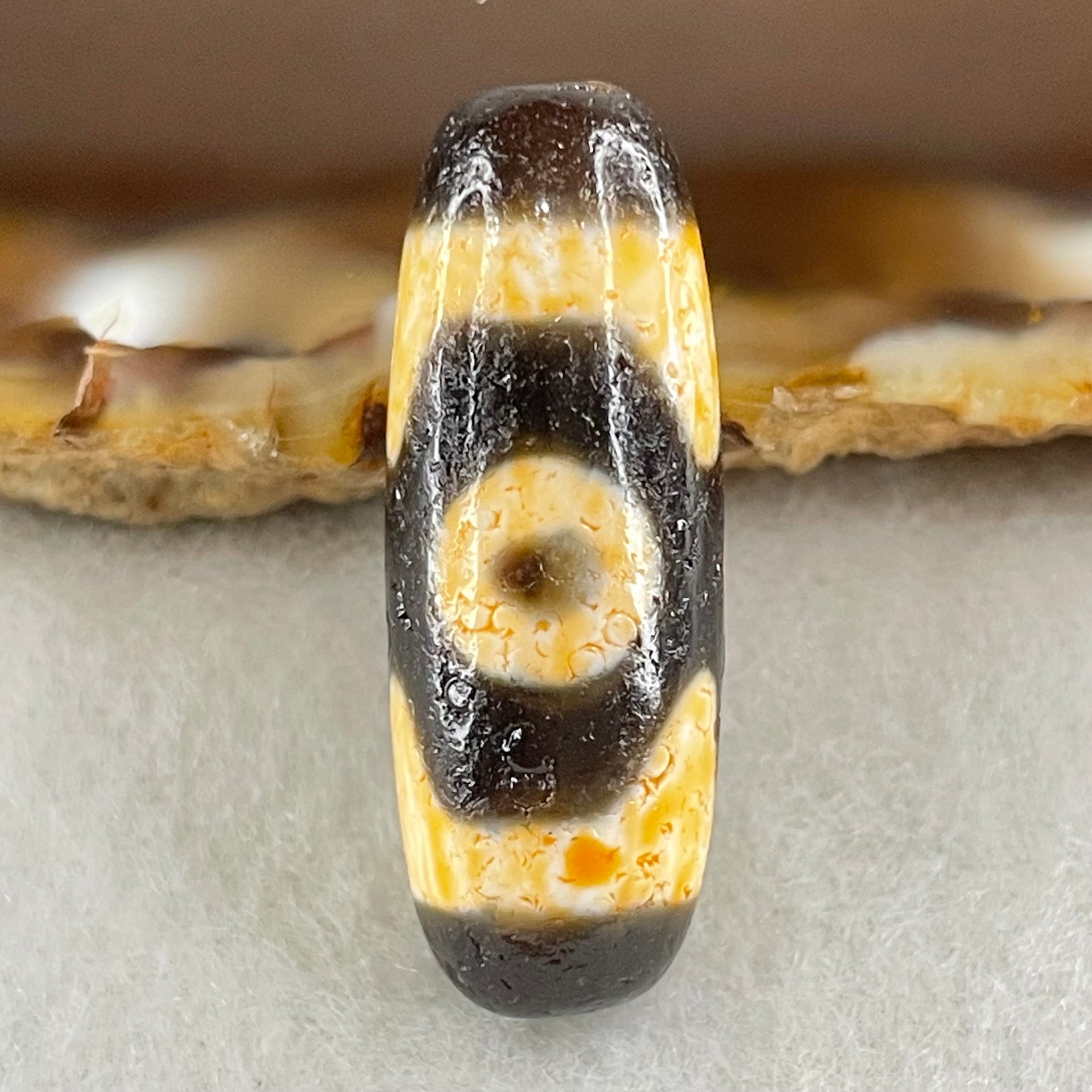 Natural Powerful Tibetan Old Oily Agate 3 Eyes Dzi Bead Heavenly Master (Tian Zhu) 三眼天诛 4.57g 28.2 by 10.4mm - Huangs Jadeite and Jewelry Pte Ltd