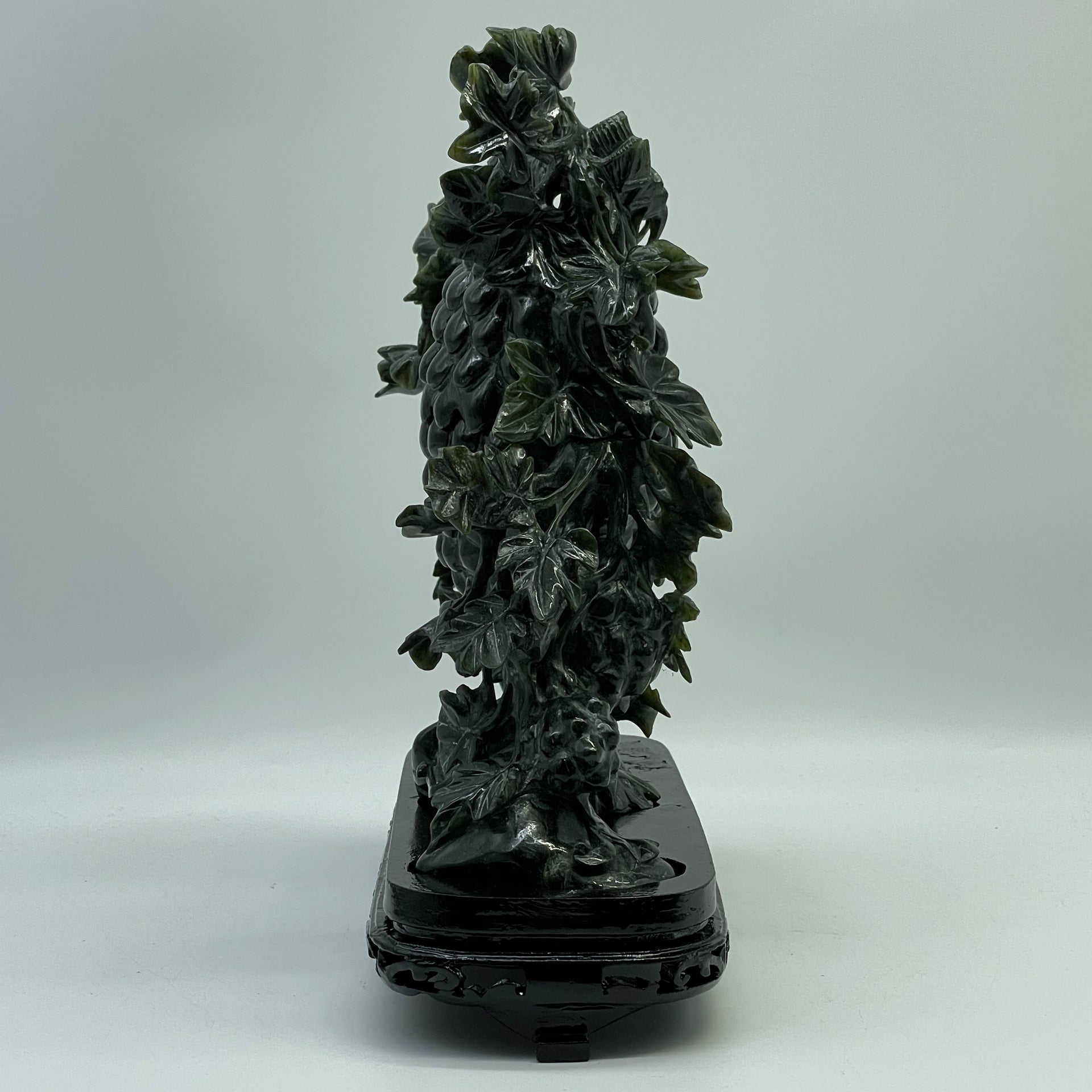 Natural Dark Green Nephrite Cricket Pair on Grapes Plant with Wooden Display 2,429.6g 241.0 by 100.0 by 260.0mm - Huangs Jadeite and Jewelry Pte Ltd