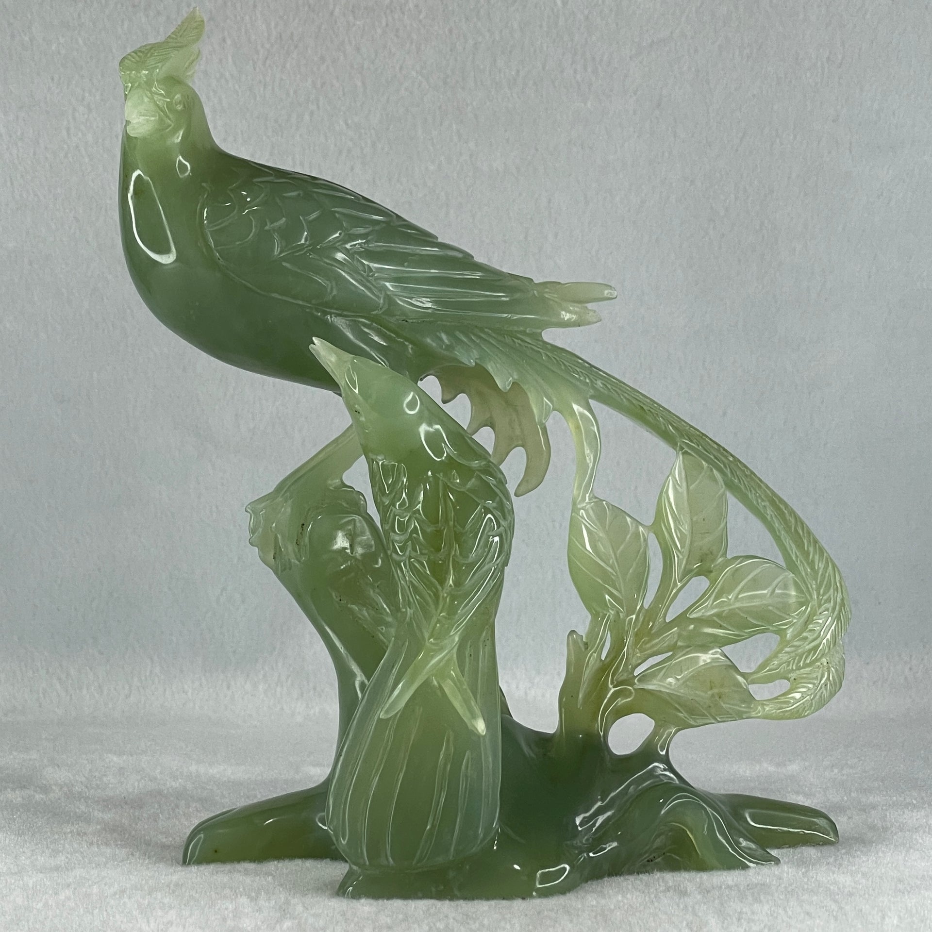 Natural Green Serpentine Double Phoenix on Tree with Wooden Stand Display 725.5g 169.0 by 210.0 by 112.0mm - Huangs Jadeite and Jewelry Pte Ltd