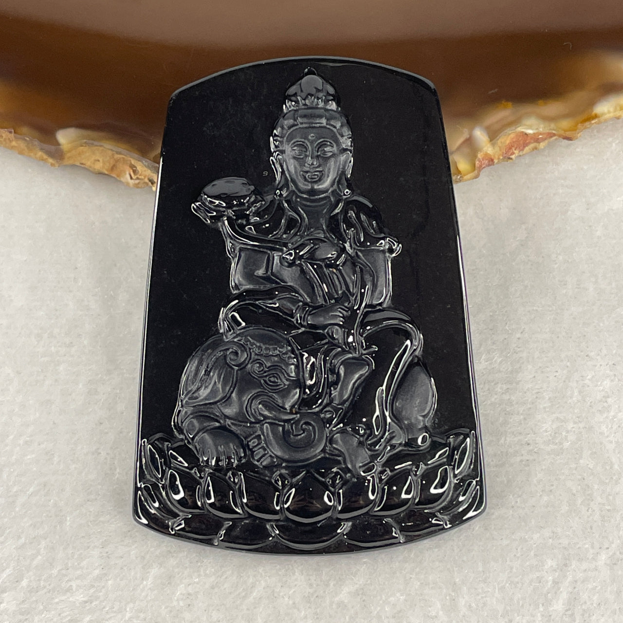 Wealth, Protection and Spiritual Blessing Talisman - Certified Natural Type A Black Omphacite Jadeite Samantabhadra Bodhisattva Guan Yin on Elephant Pendant 23.78g 58.9 by 40.5 by 9.0mm