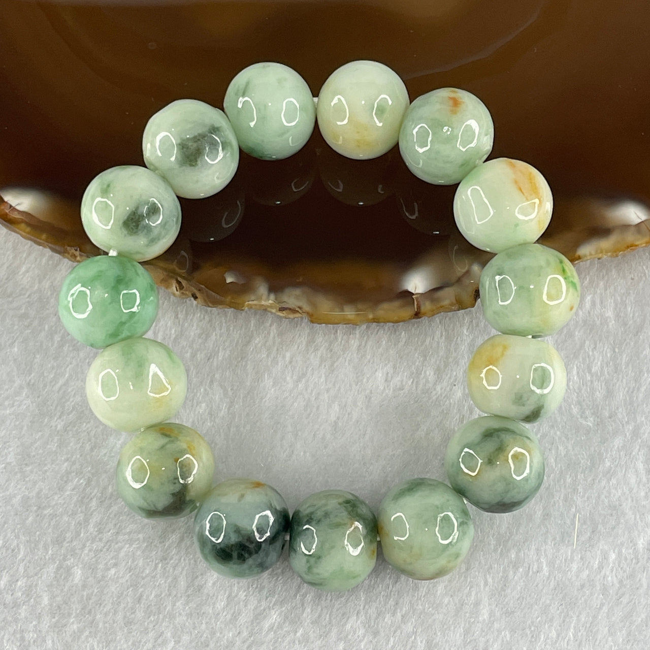 Natural Type A Light Green with Blueish Green and Yellow Patches Jadeite Beads Bracelet 63.39g 14cm 14.1mm 15 Beads