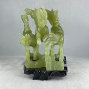 Natural Yellowish Green Serpentine 3 Victory Horse with Wooden Stand Display 1,929.3g 198.0 r we by 166.0 by 200.0mm - Huangs Jadeite and Jewelry Pte Ltd