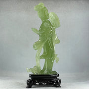 Natural Green Serpentine Fairy with Fan and Flower with Wooden Stand Display 476.2g 130.0 by 70.0 by 225.0mm - Huangs Jadeite and Jewelry Pte Ltd
