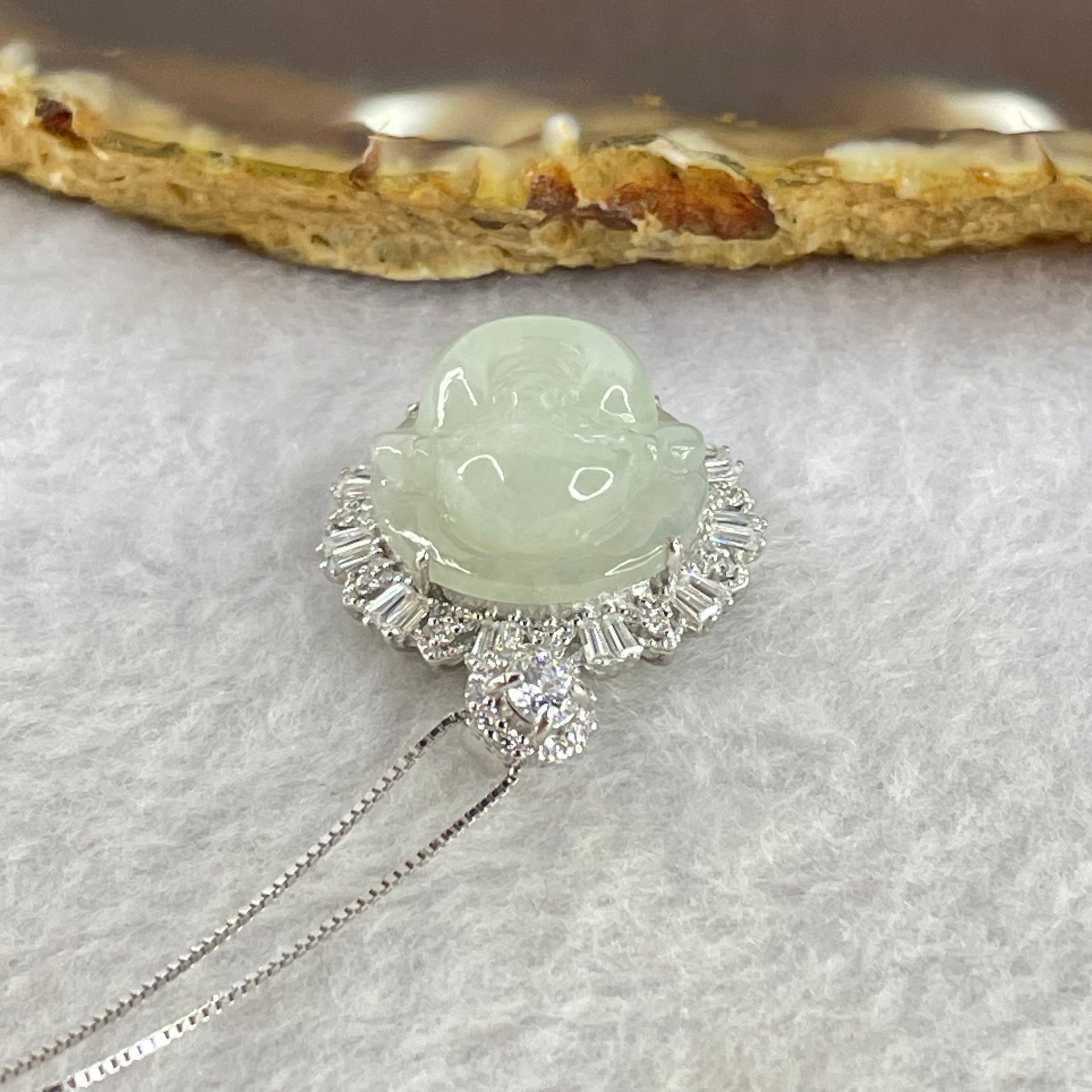 Type A Faint Green Lavender Milo Buddha with Crystals in S925 Sliver Pendant and Necklace 6.77g 16.5 by 16.5 by 7.5mm - Huangs Jadeite and Jewelry Pte Ltd