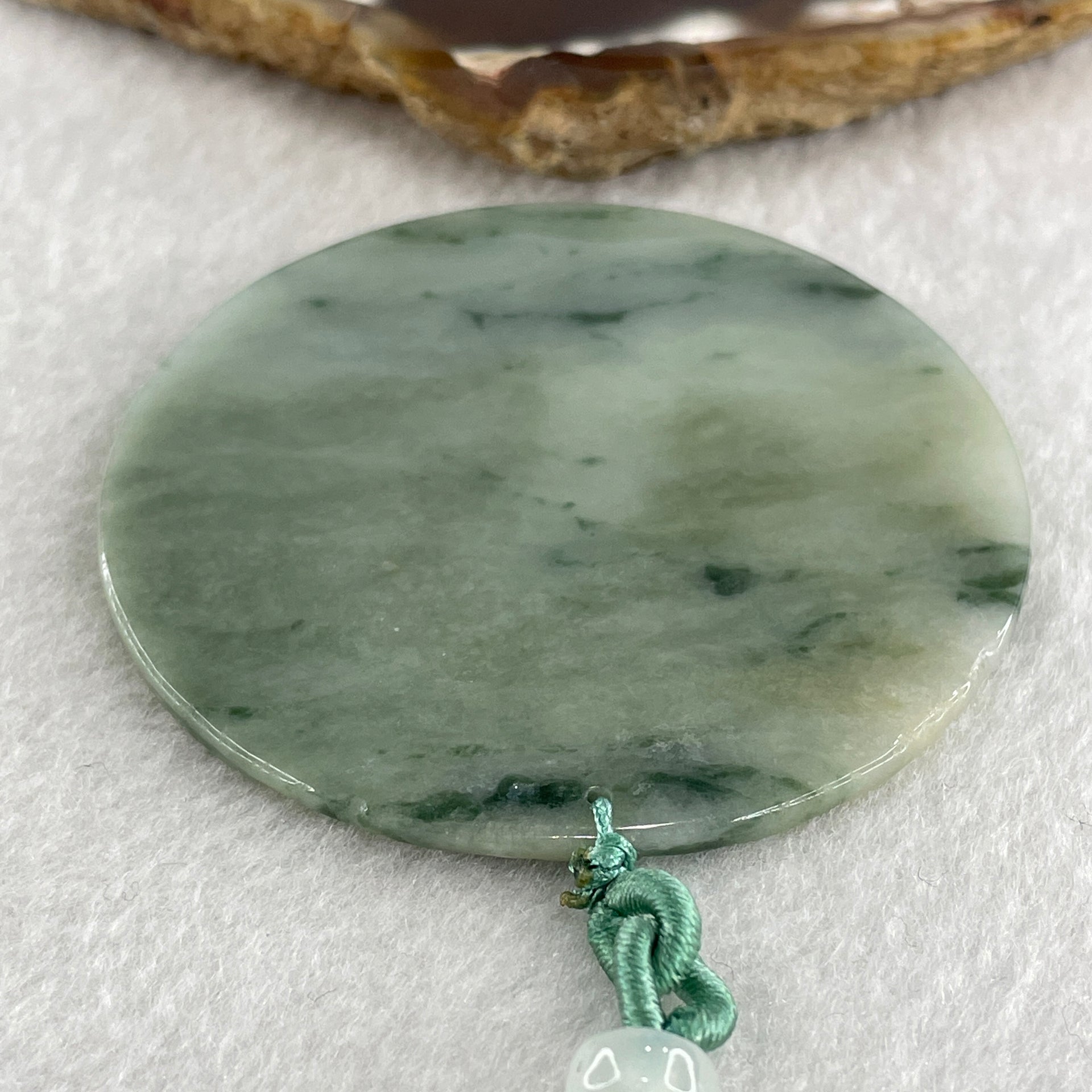 Natural Type A Green with Brownish and Dark Green Piao Hua Jadeite Round Wu Shi Pai Pendant 30.48g 57.9 by 2.9mm - Huangs Jadeite and Jewelry Pte Ltd