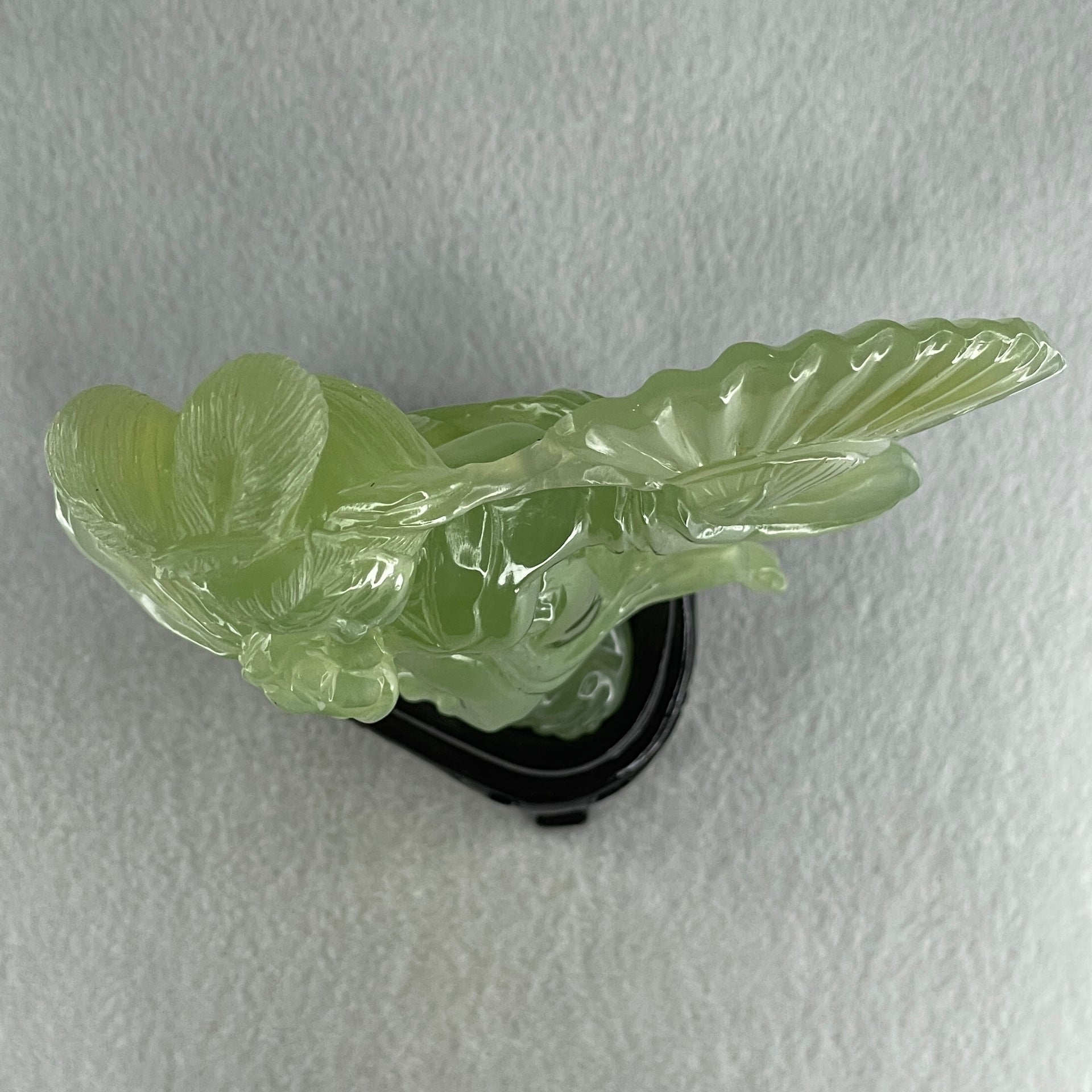 Natural Green Serpentine Fairy with Fan and Flower with Wooden Stand Display 476.2g 130.0 by 70.0 by 225.0mm - Huangs Jadeite and Jewelry Pte Ltd
