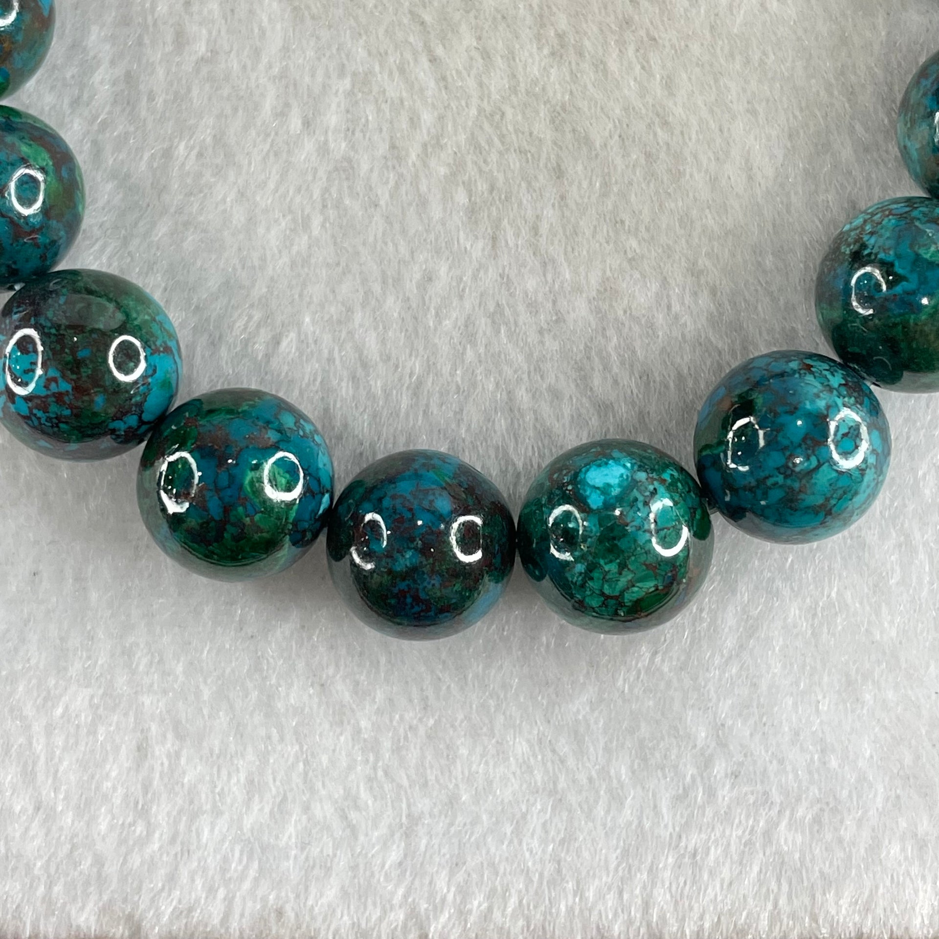 Good Grade Natural Blue Green Chrysocolla Phoenix Stone Beads Bracelet 42.69g 17cm 11.9mm 18 Beads - Huangs Jadeite and Jewelry Pte Ltd