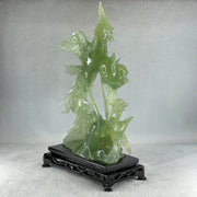 Natural Icy Light Green Serpentine Phoenix on Tree with Twin Birds and Flower with Wooden Stand Display 710.1g 169.0 by 262.0 by 84.0mm - Huangs Jadeite and Jewelry Pte Ltd