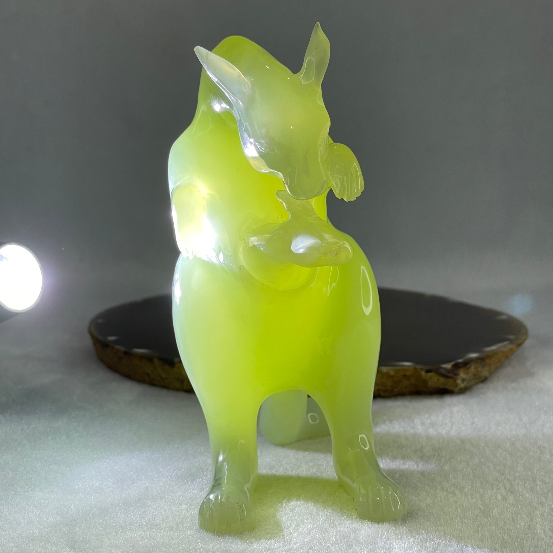 Natural Green Serpentine Kangaroo With Baby with Wooden Stand Display 569.6g 140.0 by 85.4 by 145.0mm - Huangs Jadeite and Jewelry Pte Ltd
