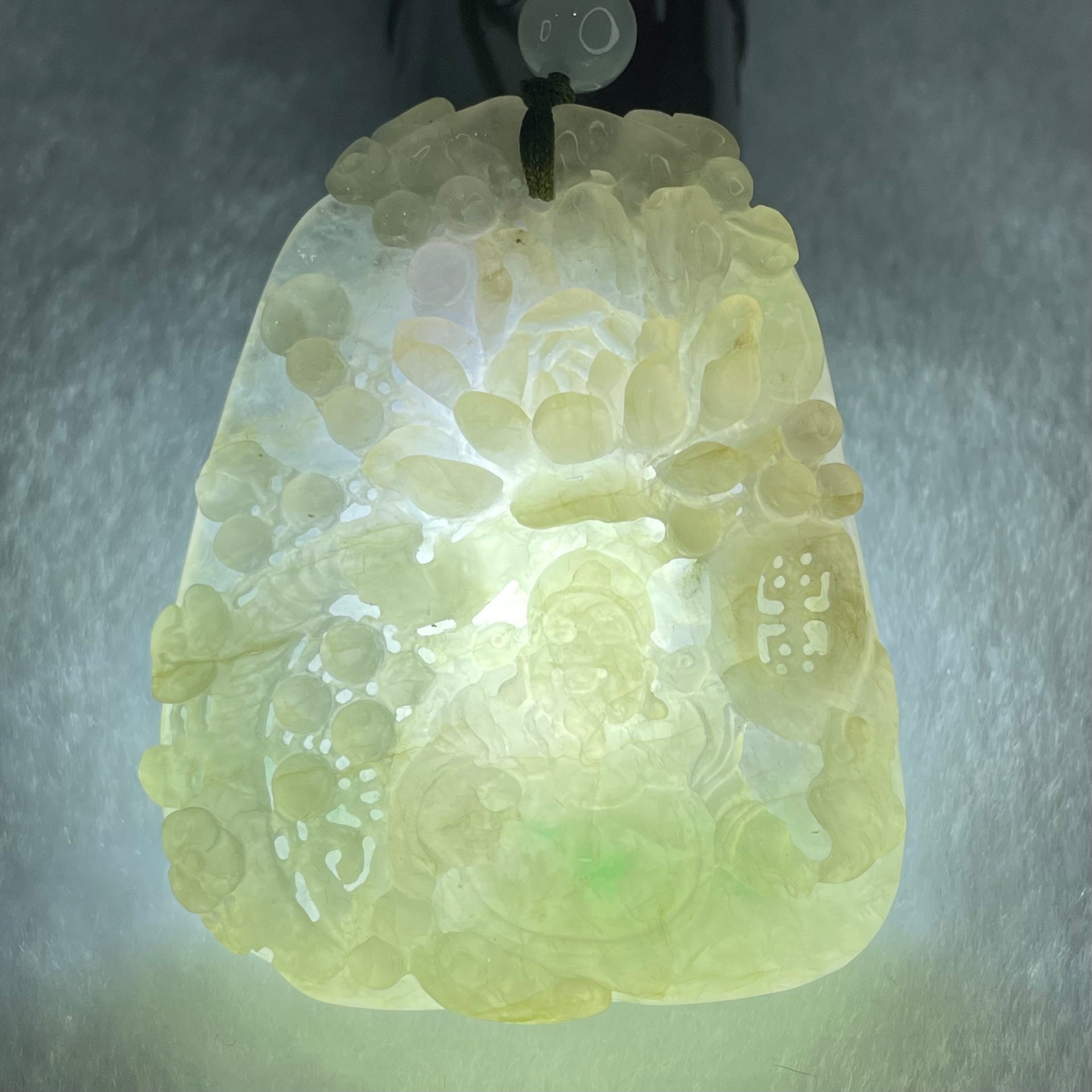 Grandmaster Type A Faint Lavender with Light Green Jadeite Cai Shen Ye with Prosperity Flowers and Bird 天宫赐福 Pendant 62.62g 56.88 by 46.94 by 13.07mm With NGI Cert 82838783 - Huangs Jadeite and Jewelry Pte Ltd