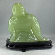 Natural Green Serpentine Siting Milo Buddha with Wealth Pot with Wooden Stand Display 1362.0g 165.0 by 110.0 by 150.0mm - Huangs Jadeite and Jewelry Pte Ltd