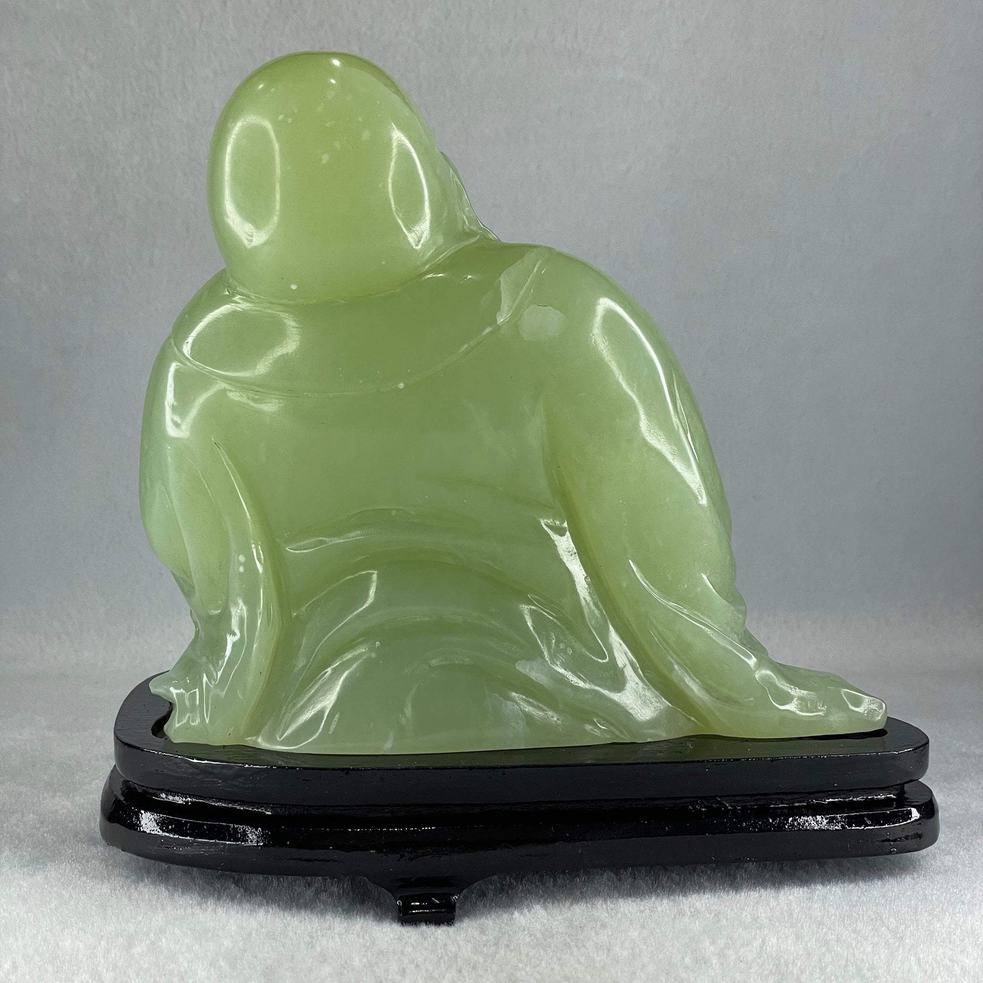 Natural Green Serpentine Siting Milo Buddha with Wealth Pot with Wooden Stand Display 1362.0g 165.0 by 110.0 by 150.0mm - Huangs Jadeite and Jewelry Pte Ltd