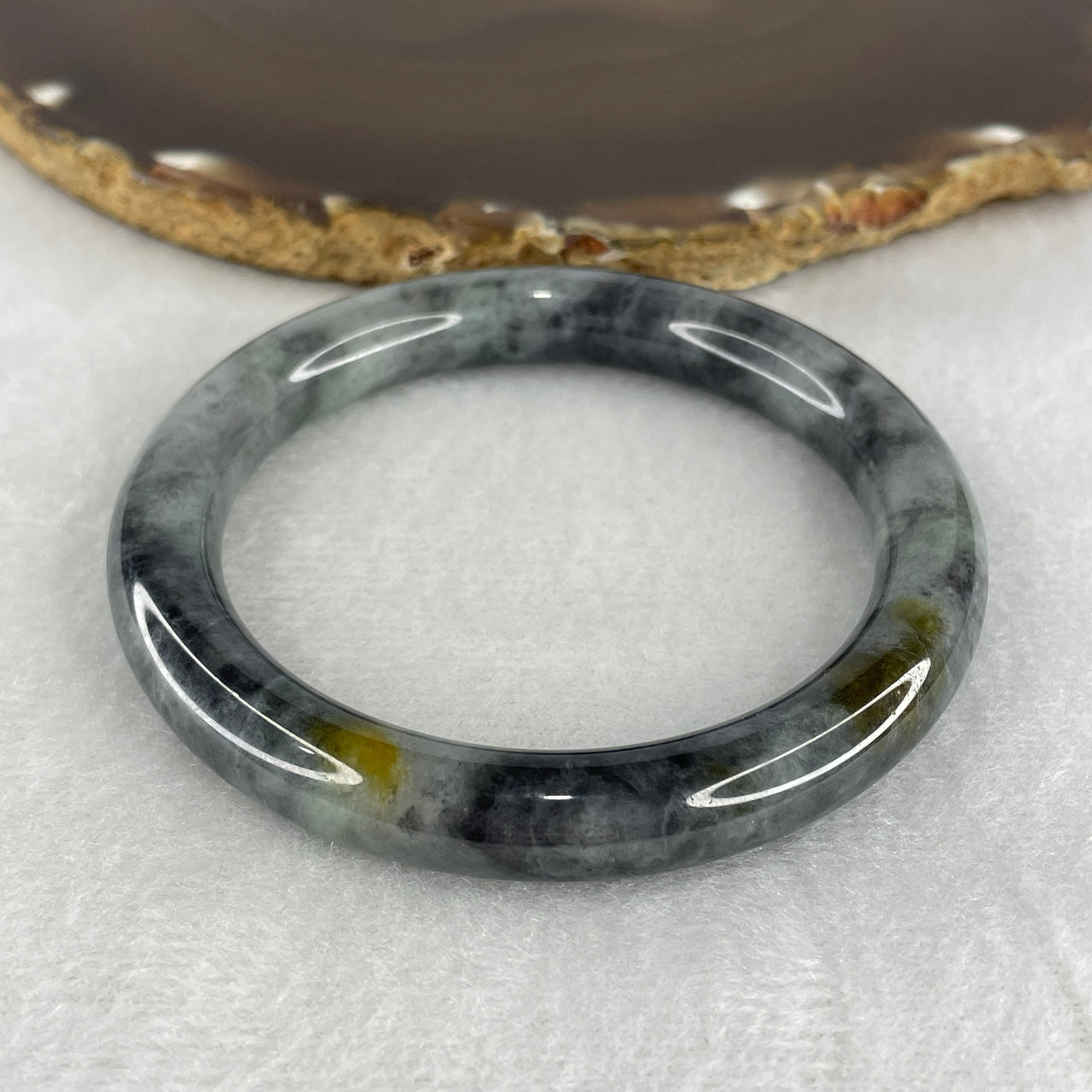 55.7mm Genuine Type A Jadeite Bangle - Grey Black Wuji with Yellow Natural Jadeite Jewelry - 48.18g Certified Untreated Large Jade Bracelet 9.6x9.5mm (Very Very Slight Internal Lines)