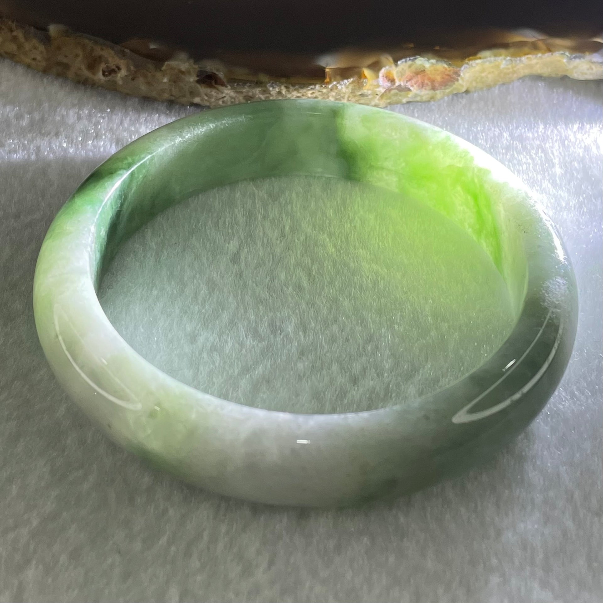 Type A Lavender with Green Piao Hua Jadeite Bangle 43.66g Internal Diameter 55.5mm 11.9 by 7.5mm (Significant External Roughs and Lines) - Huangs Jadeite and Jewelry Pte Ltd