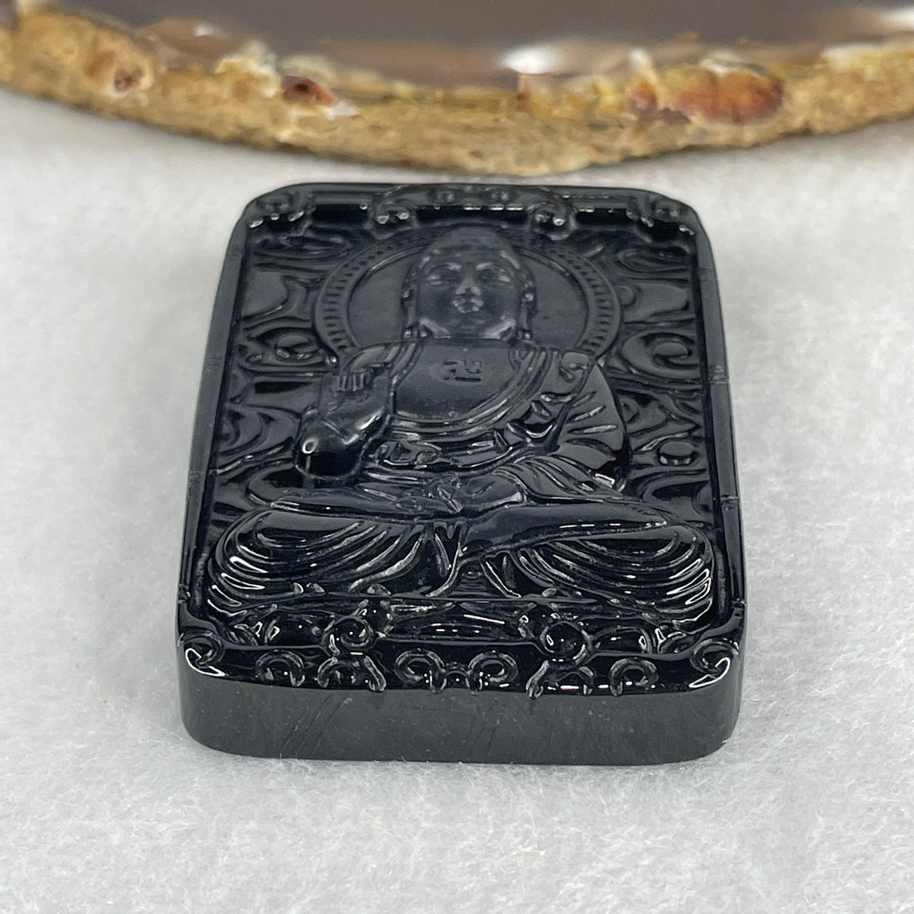 Wisdom, Peace and Good Fortune - Certified Natural Type A Black Omphacite Jadeite Buddha Pendant 26.38g 54.8 by 37.3 by 9.0mm