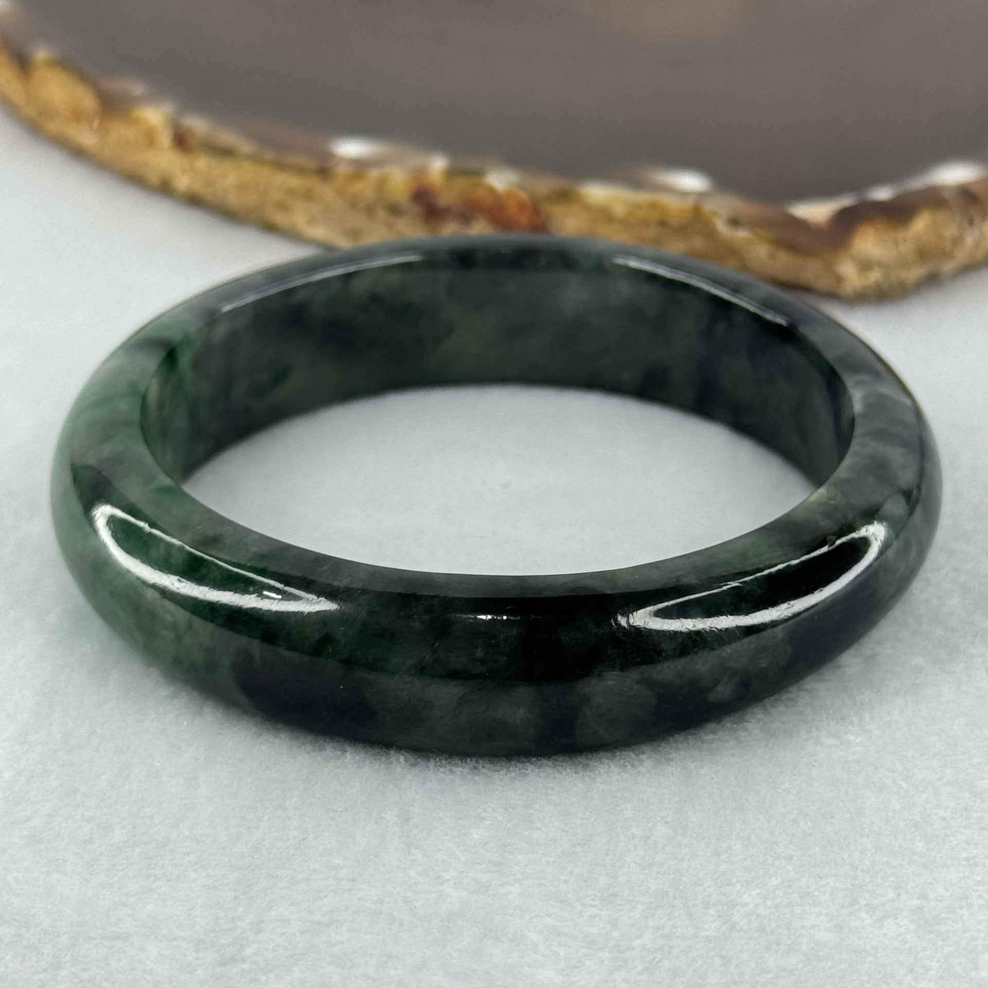 Type A Dark Green with Black and Emerald Green Piao Hua Jadeite Bangle Internal Diameter 55.7mm 57.67g 13.8 by 8.2mm (Very Slight External Rough) - Huangs Jadeite and Jewelry Pte Ltd