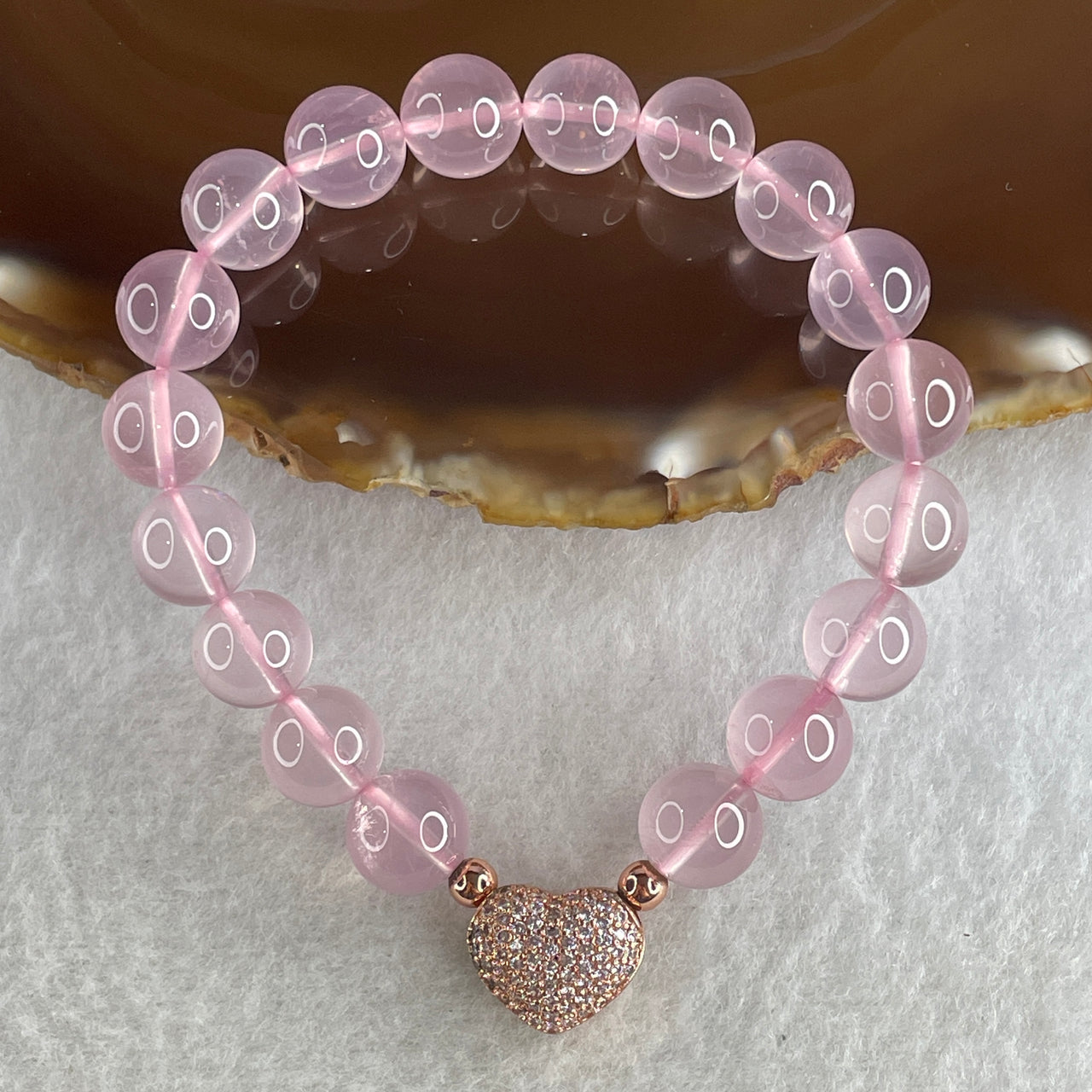 Natural Rose Quartz Beads with Heart Shape Charm Bracelet 24.59g 16cm 9.8mm 18 Beads - Huangs Jadeite and Jewelry Pte Ltd