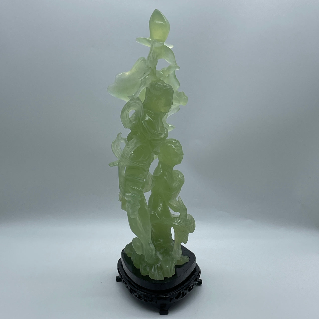 Natural Semi Icy Green Serpentine Twin Ne Zha with Lotus Flower and Bird with Wooden Stand Display 1,945.4g 190.0 by 120.0 by 375.0mm