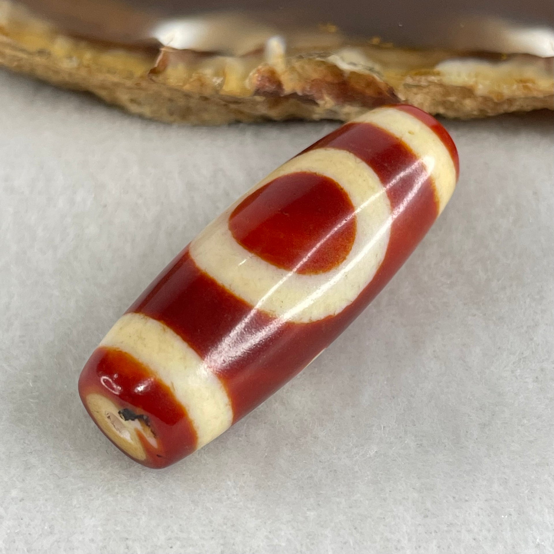 Natural Powerful Tibetan Old Oily Red White Agate One Eye Gold Metal Element Dzi Bead Heavenly Master (Tian Zhu) 一眼金天珠 11.50g 38.6 by 13.9mm - Huangs Jadeite and Jewelry Pte Ltd