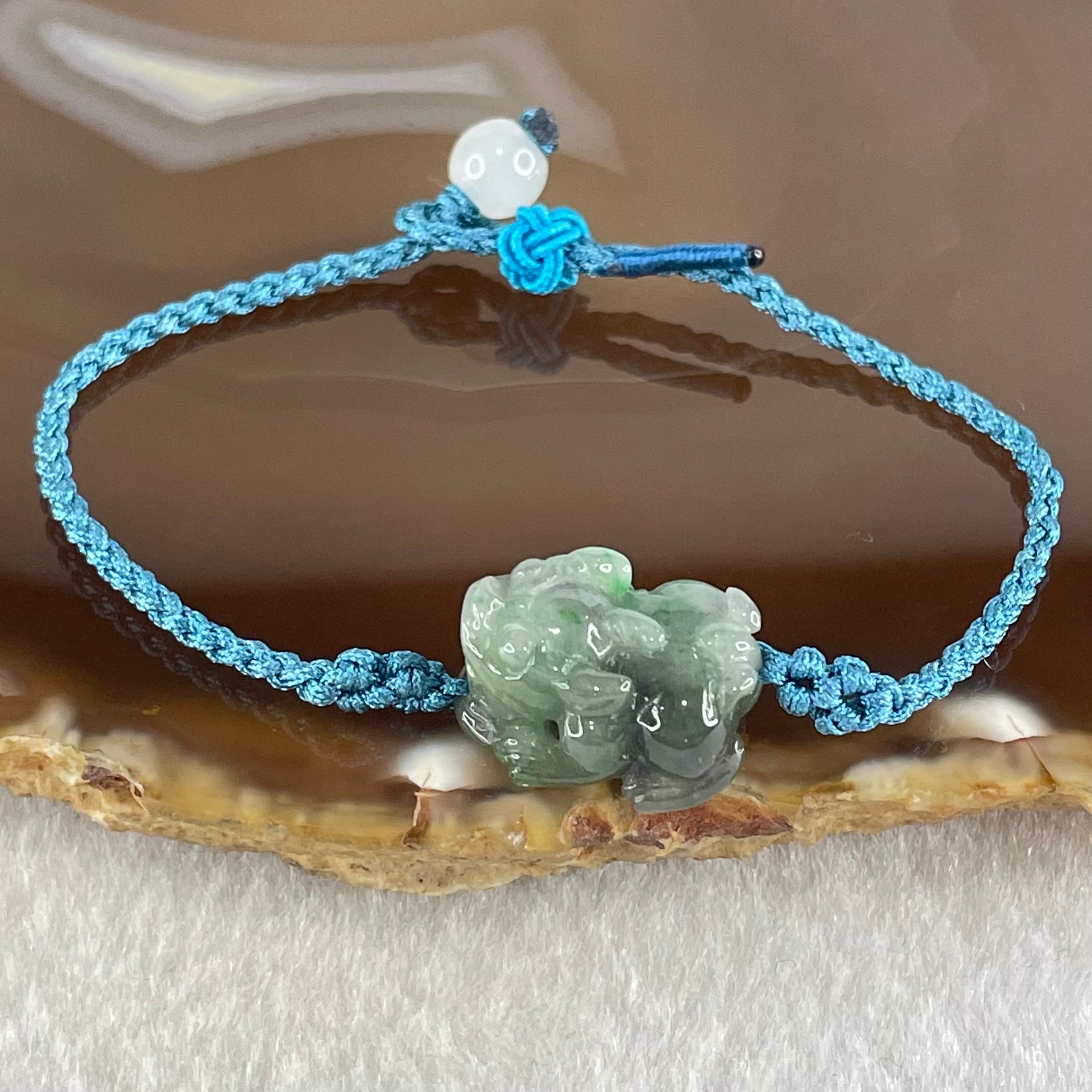 Type A Blueish Green with Wuji Black Grey Piao Hua Jadeite Male Pixiu String Bracelet 3.82g 15cm 17.7 by 13.2 by 9.6mm - Huangs Jadeite and Jewelry Pte Ltd