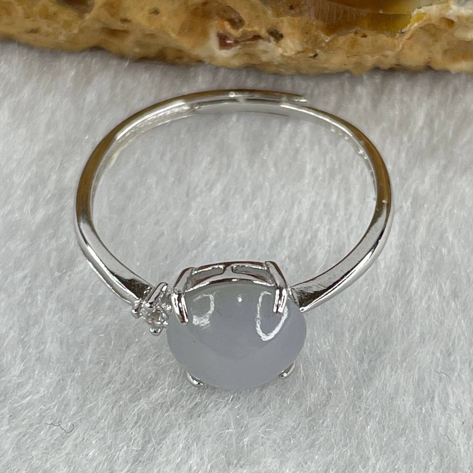 Natural Type A Semi Icy Faint Lavender Jadeite Round Shape Cabouchon in S925 Silver Ring (Adjustable Size) 1.33g 7.7 by 4.5mm - Huangs Jadeite and Jewelry Pte Ltd