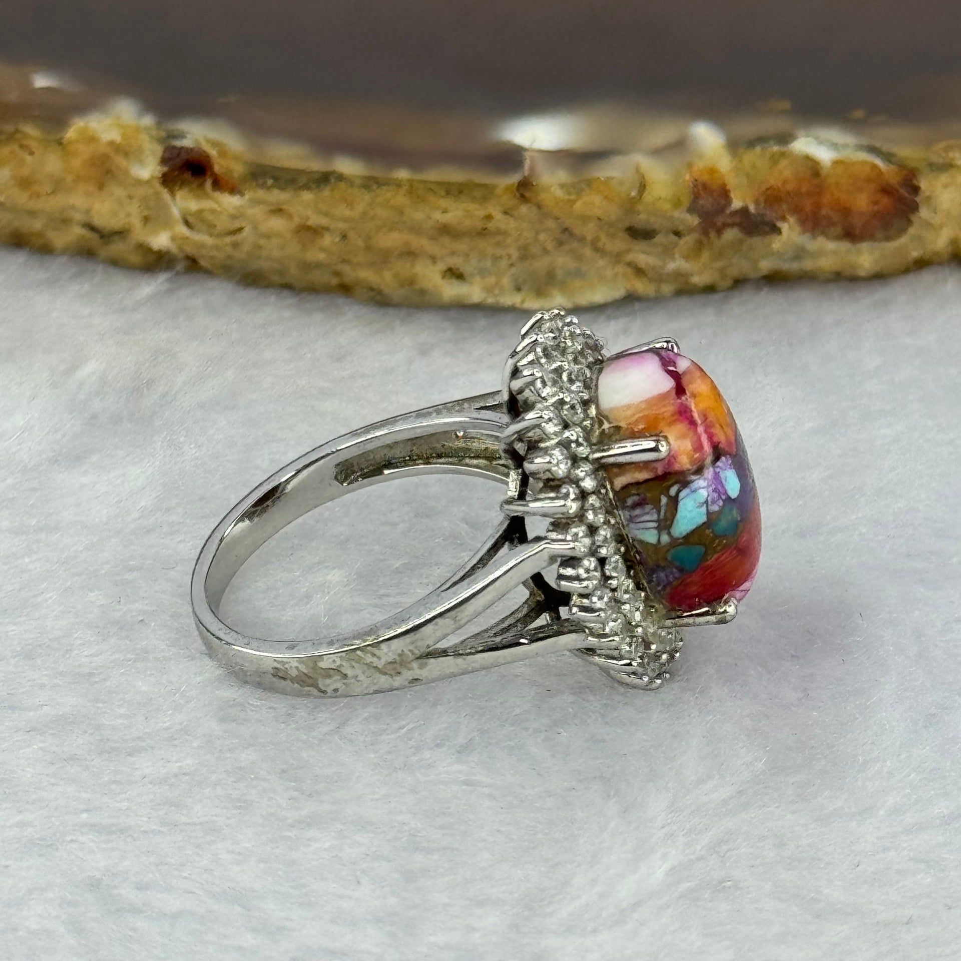 Rainbow Calsilica in S925 Sliver Ring 19.0 by 14.9 by 6.5mm US5.75 HK12.5 - Huangs Jadeite and Jewelry Pte Ltd