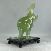 Natural Green Serpentine Kangaroo and Baby with Wooden Stand Display 374.2g 108.0 by 150.0 by 72.0mm - Huangs Jadeite and Jewelry Pte Ltd