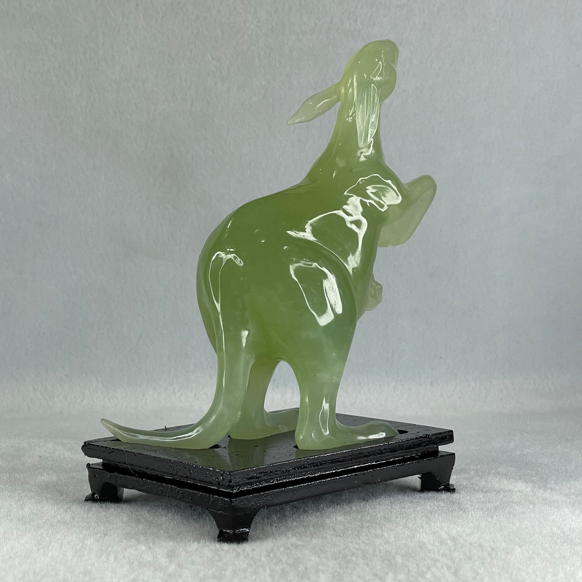 Natural Green Serpentine Kangaroo and Baby with Wooden Stand Display 374.2g 108.0 by 150.0 by 72.0mm - Huangs Jadeite and Jewelry Pte Ltd